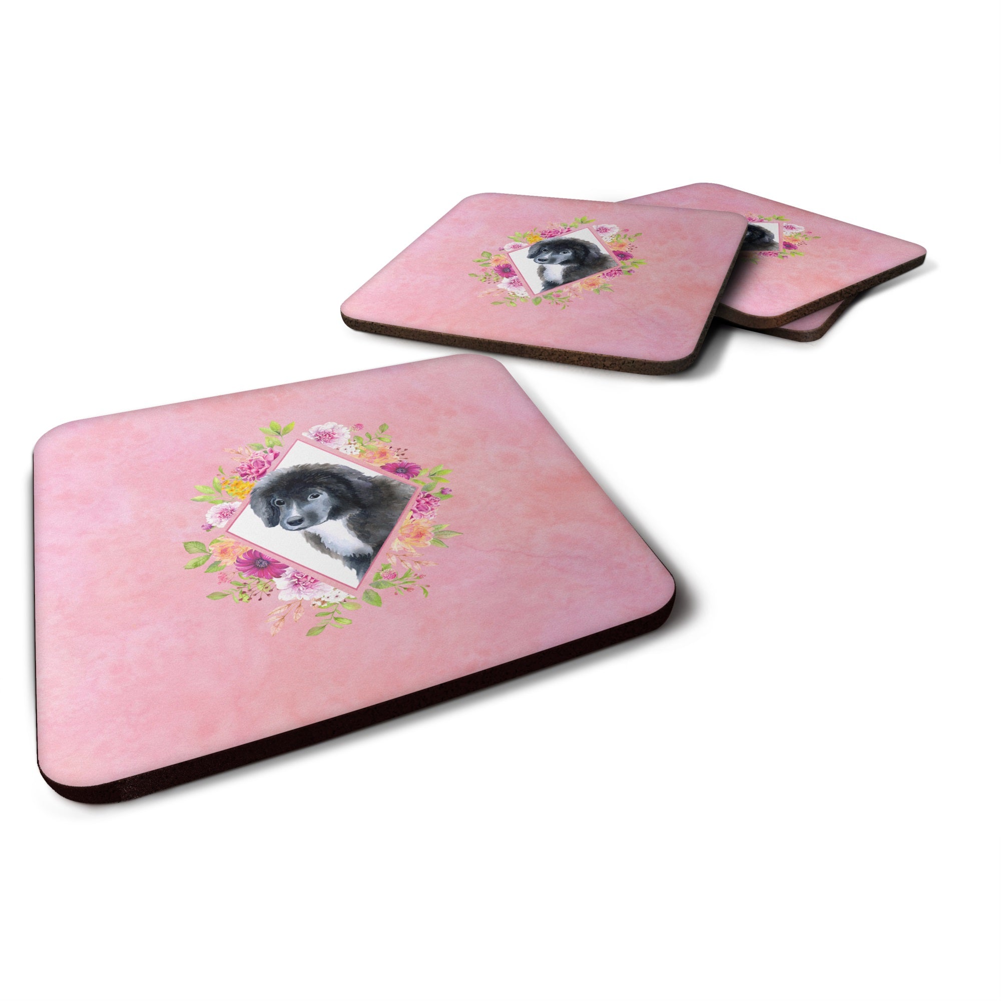 Newfoundland Puppy Pink Flowers Foam Coaster Set Of 4