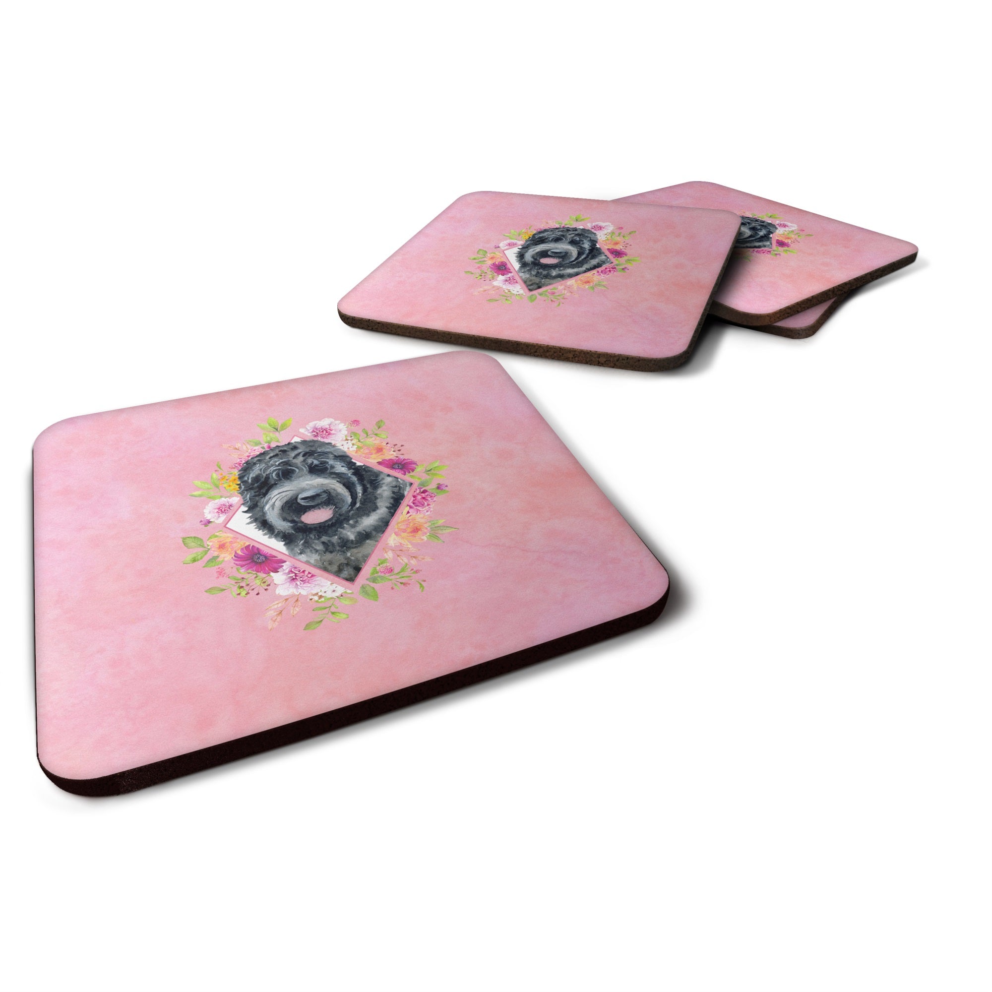 Russian Black Terrier Pink Flowers Foam Coaster Set Of 4