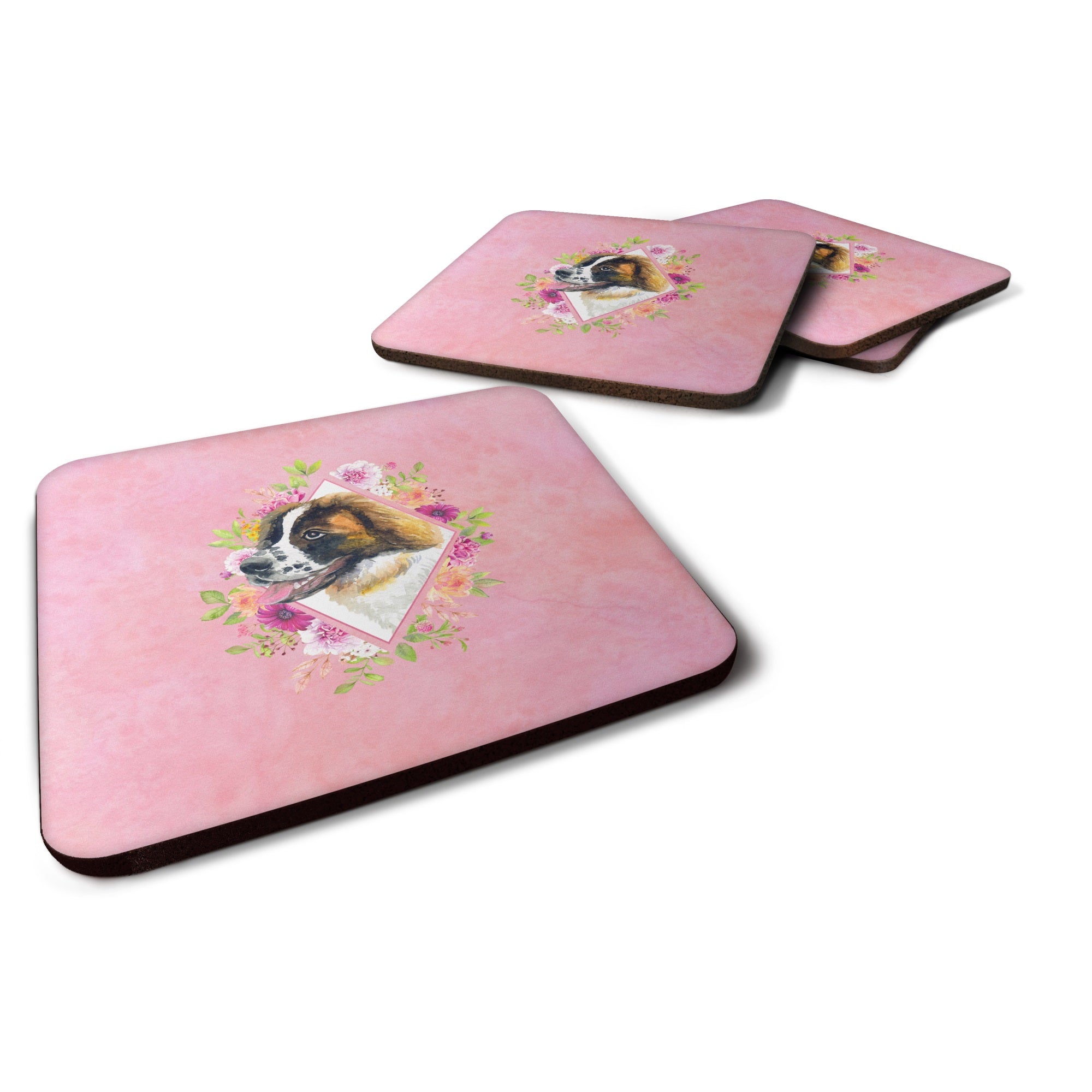 Saint Bernard #2 Pink Flowers Foam Coaster Set Of 4