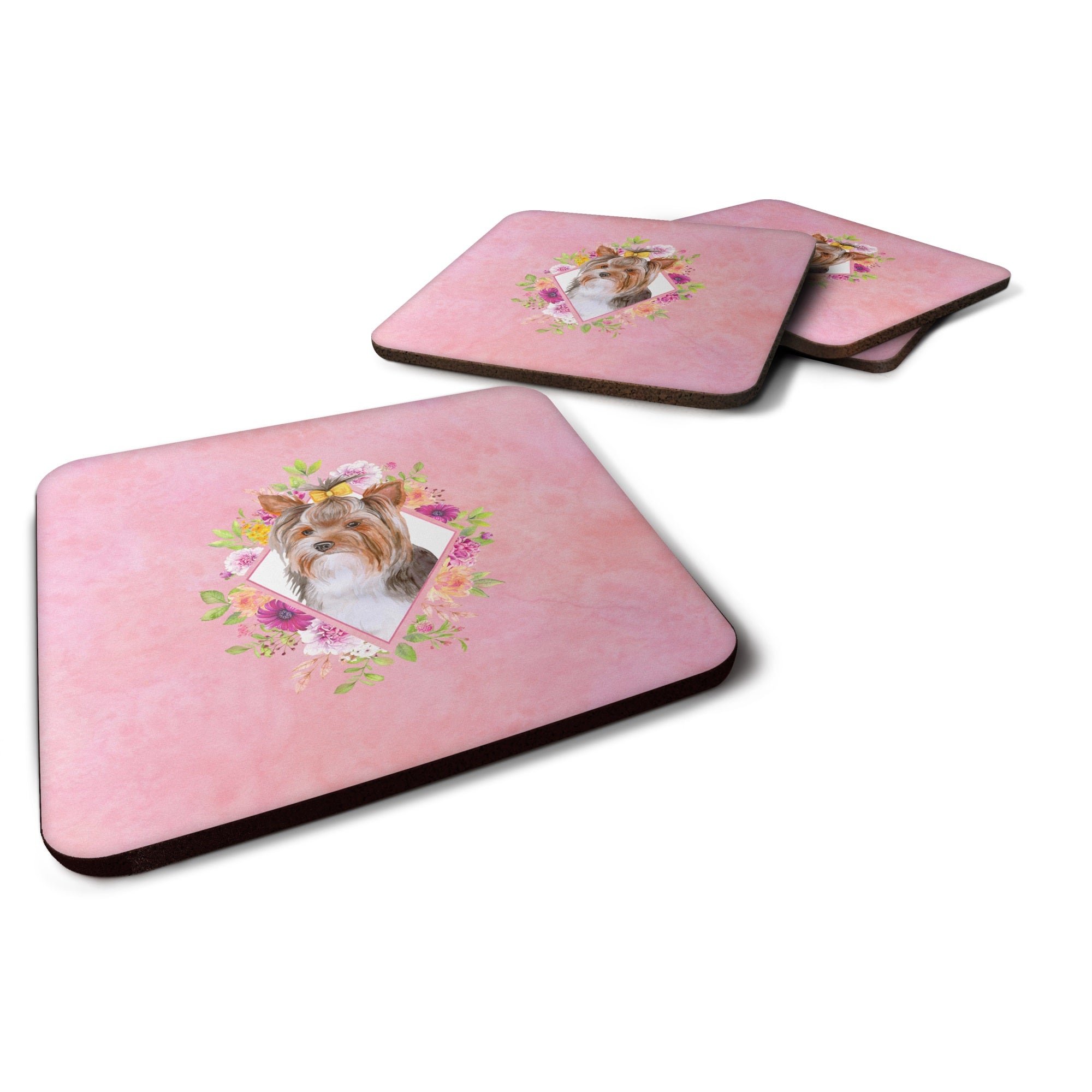 Yorkshire Terrier #1 Pink Flowers Foam Coaster Set Of 4