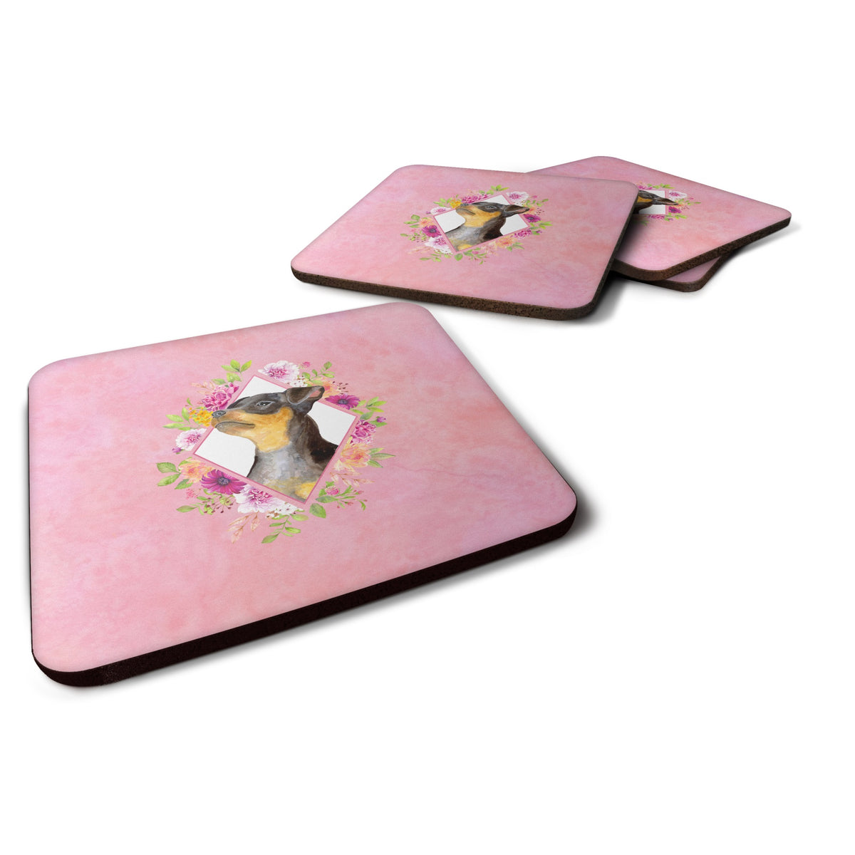 Black Miniature Pinscher Pink Flowers Foam Coaster Set Of 4