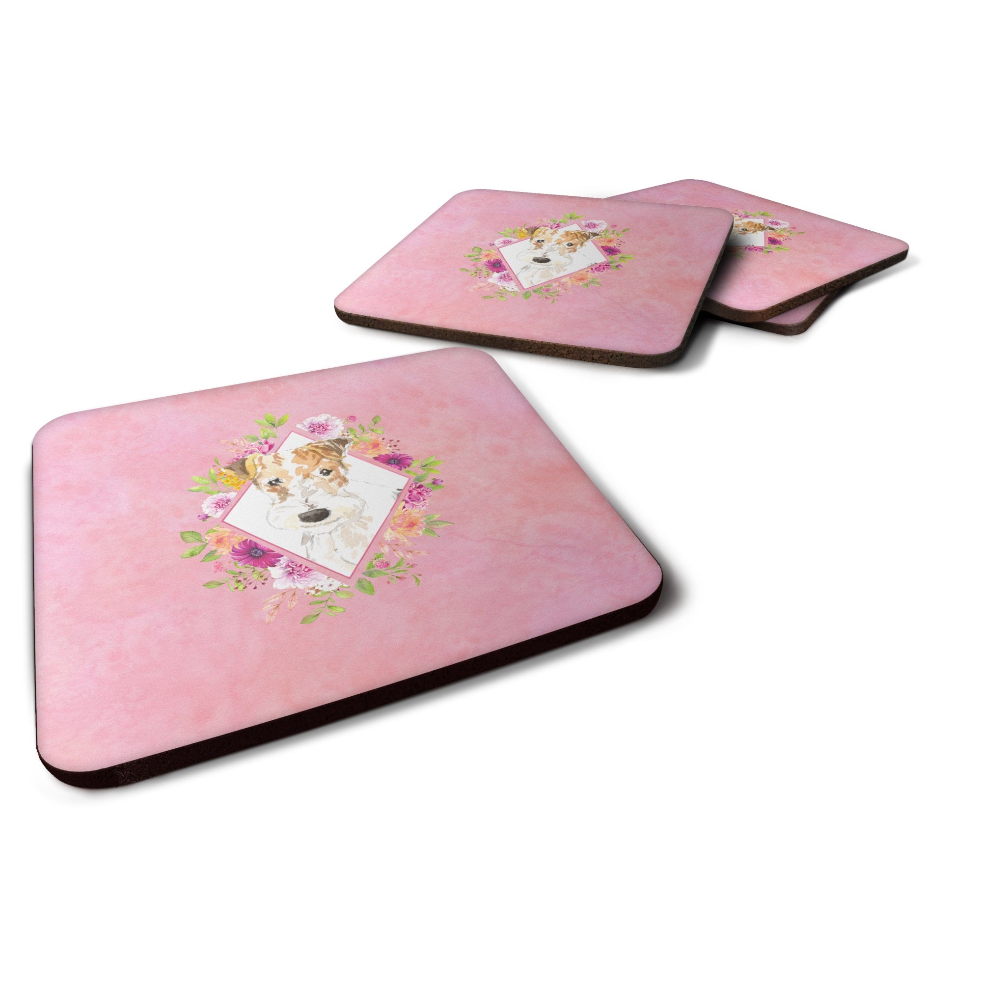 Fox Terrier Pink Flowers Foam Coaster Set Of 4
