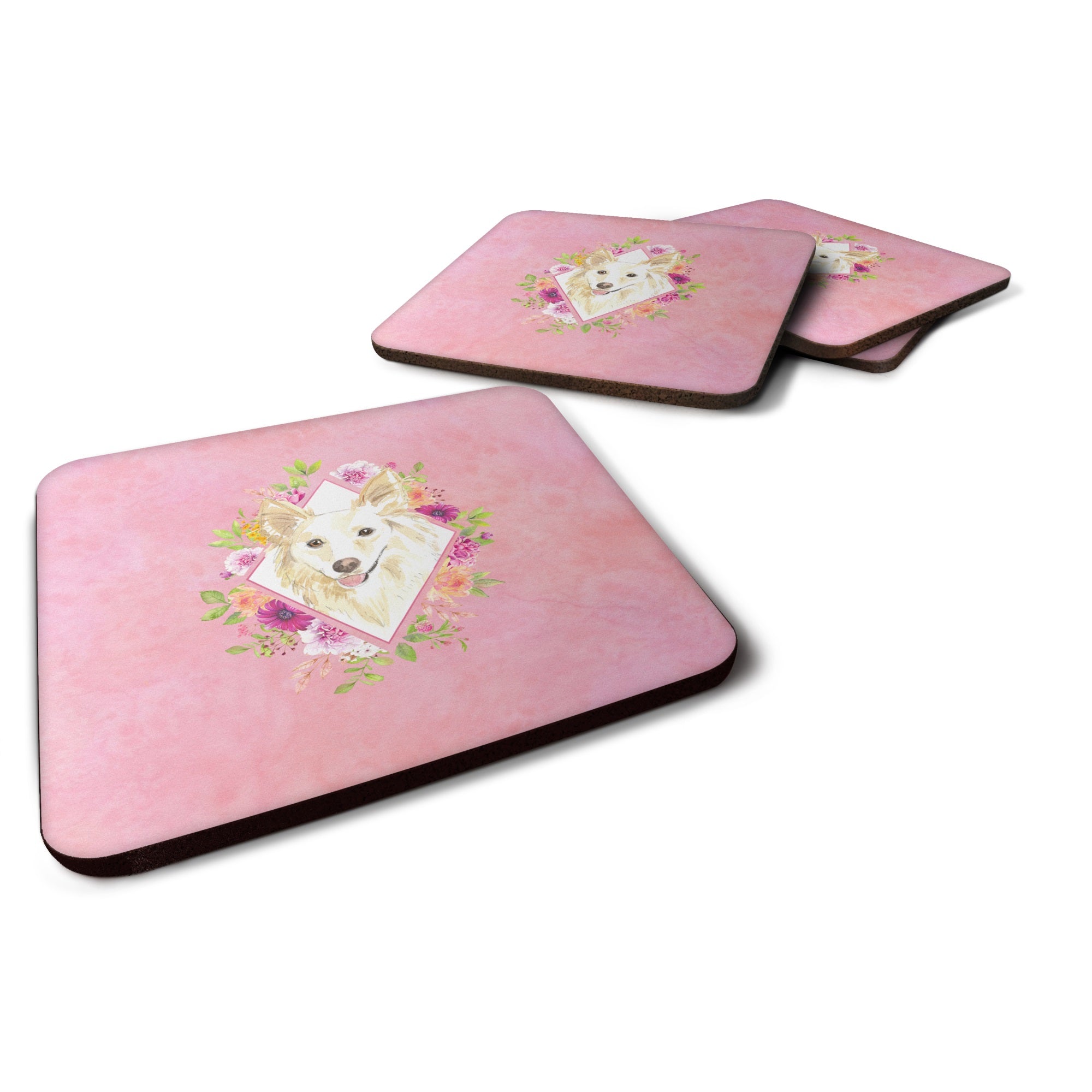 White Collie Pink Flowers Foam Coaster Set Of 4