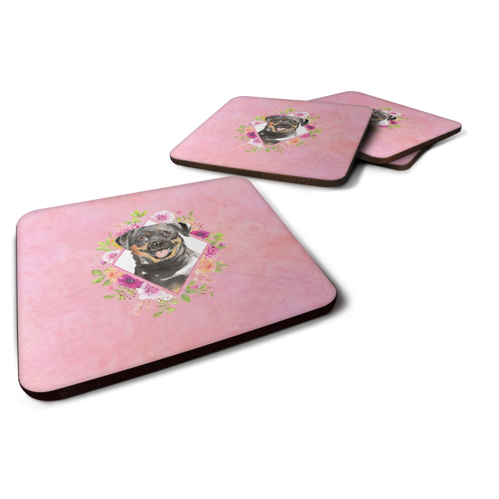 Rottweiler Pink Flowers Foam Coaster Set Of 4