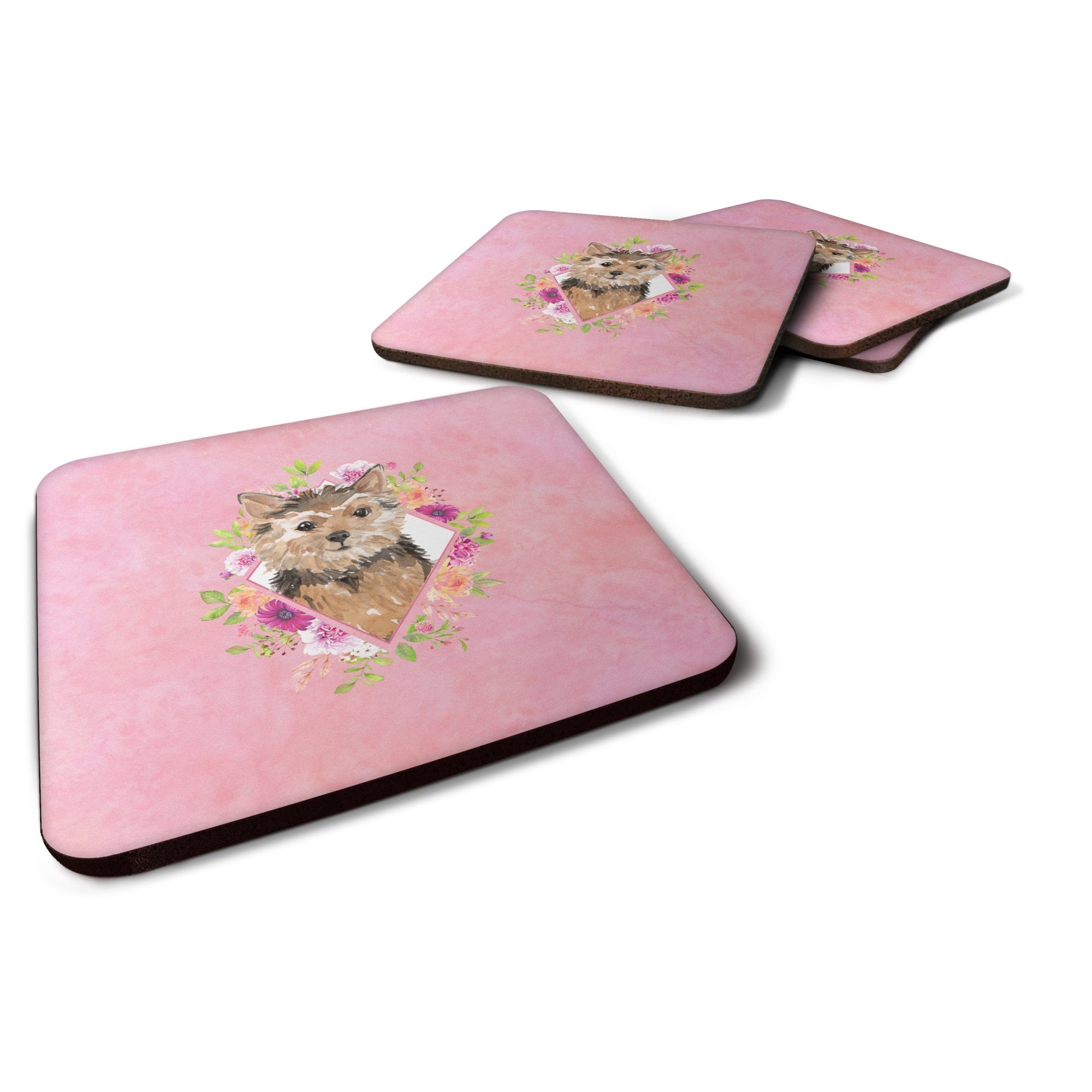 Norwich Terrier Pink Flowers Foam Coaster Set Of 4