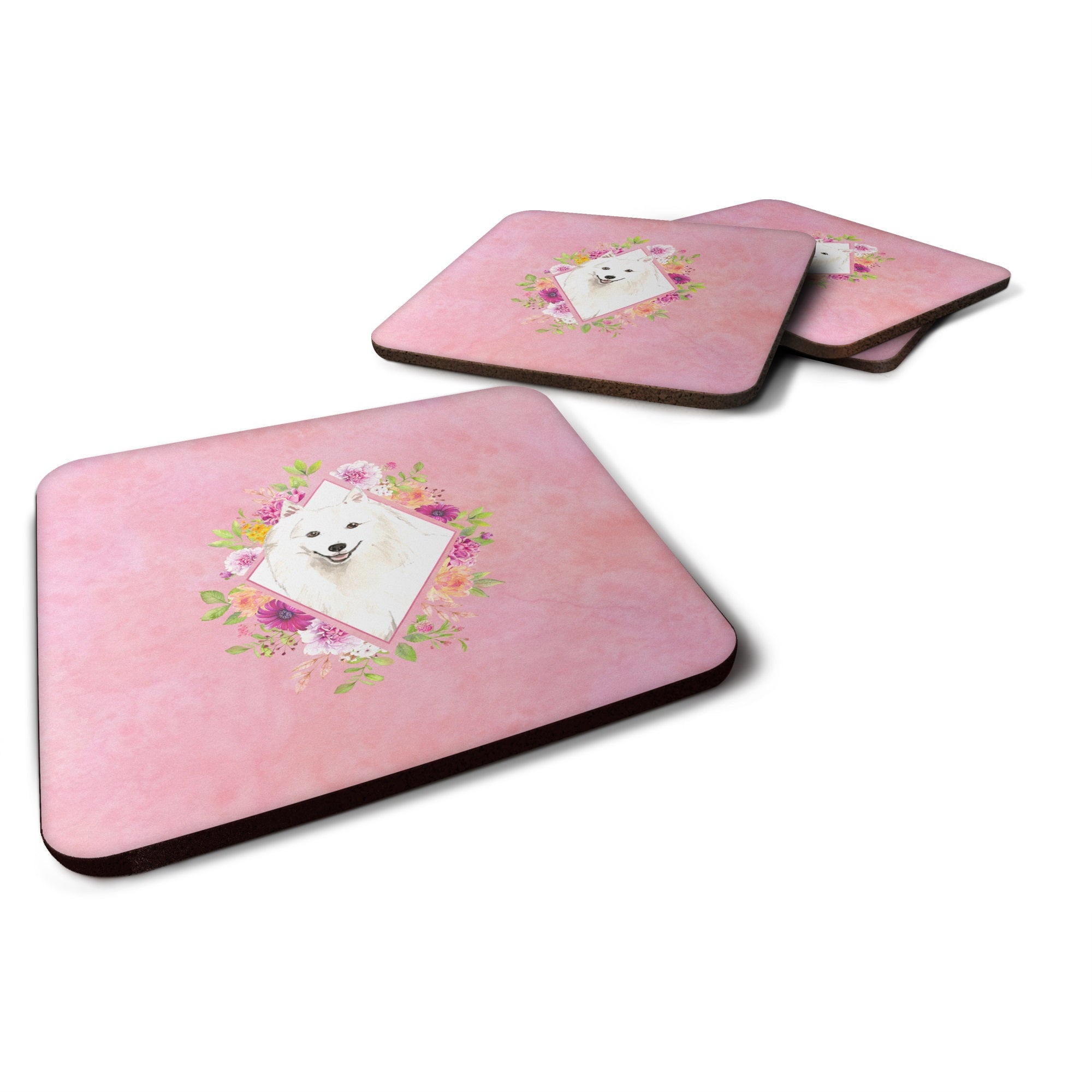 Japanese Spitz Pink Flowers Foam Coaster Set Of 4