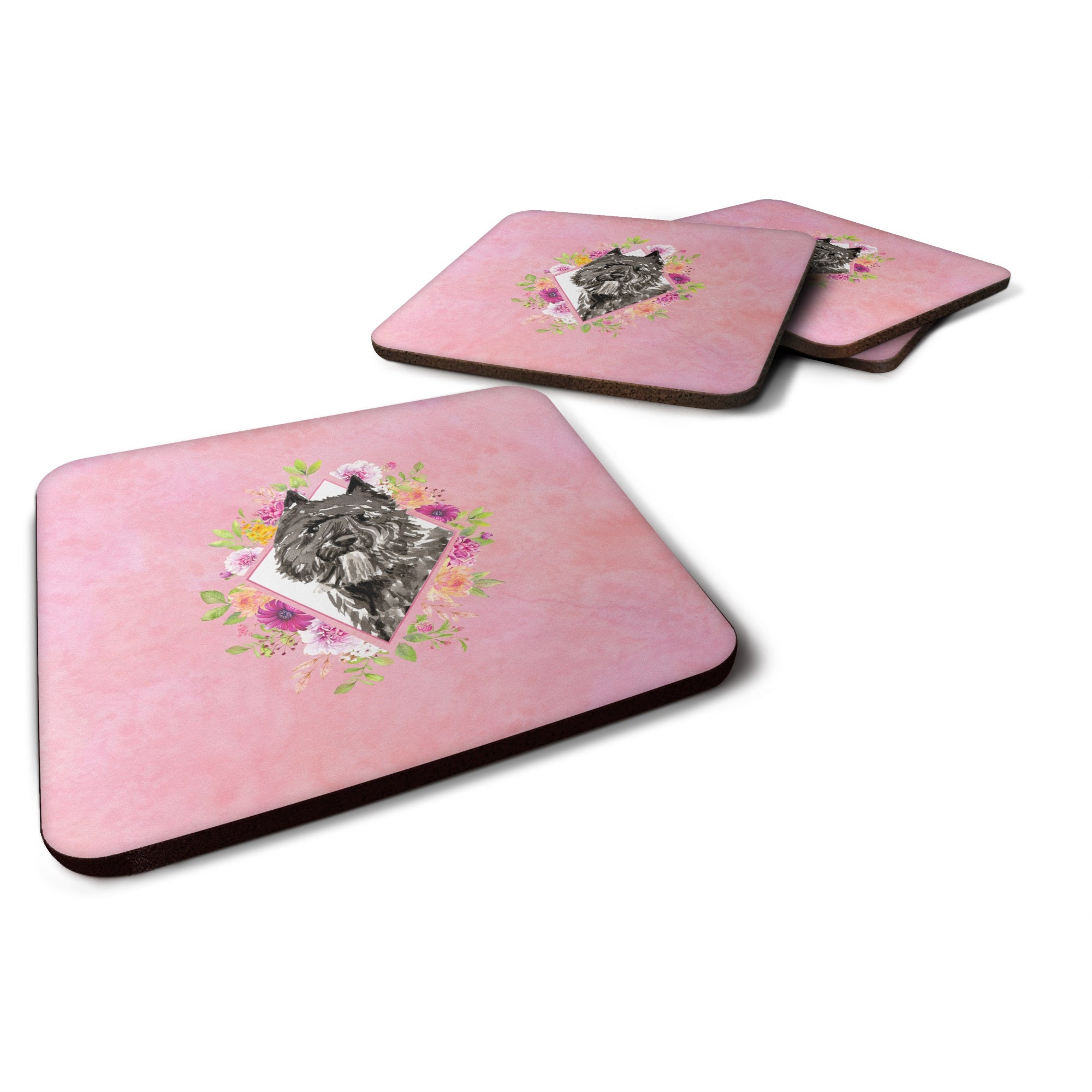 Bouvier Des Flandres Pink Flowers Foam Coaster Set Of 4