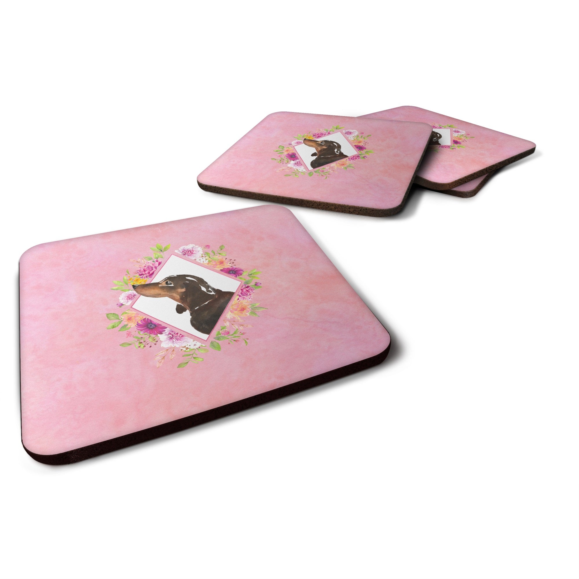 Black And Tan Dachshund Pink Flowers Foam Coaster Set Of 4