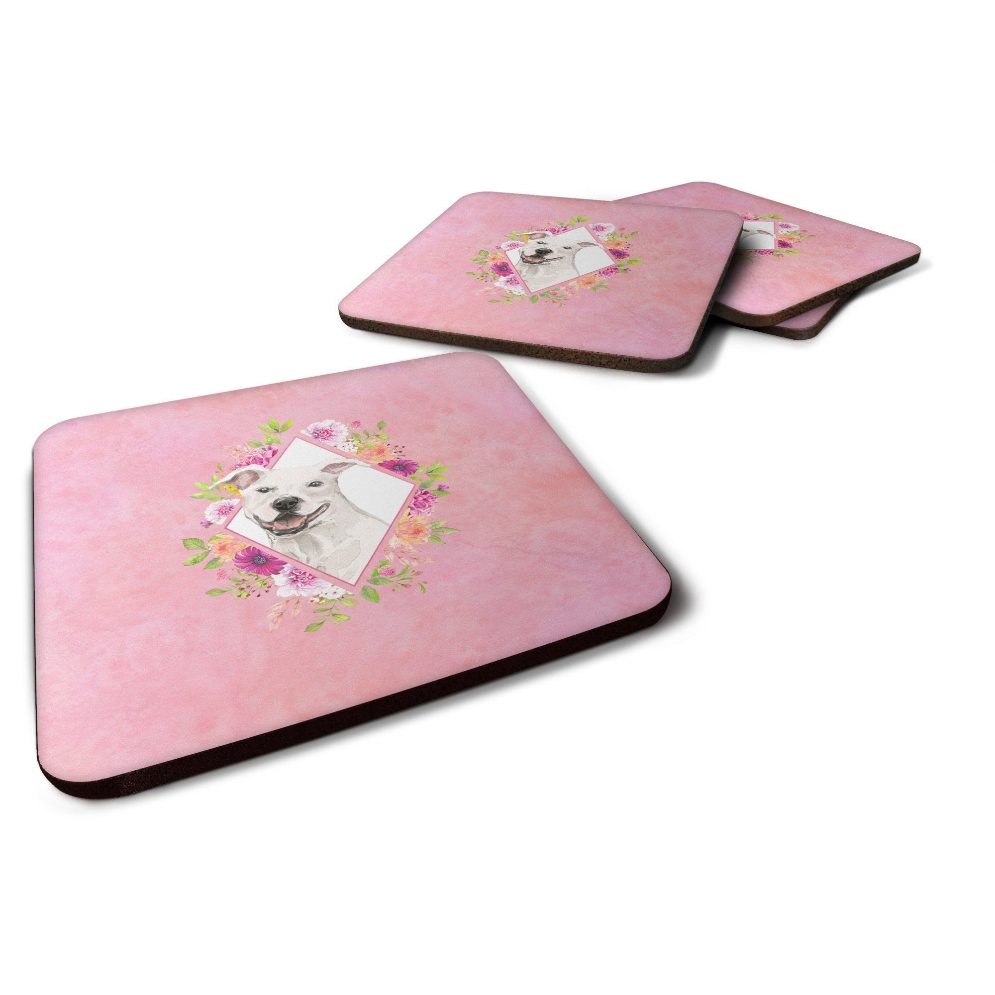 White Pit Bull Terrier Pink Flowers Foam Coaster Set Of 4