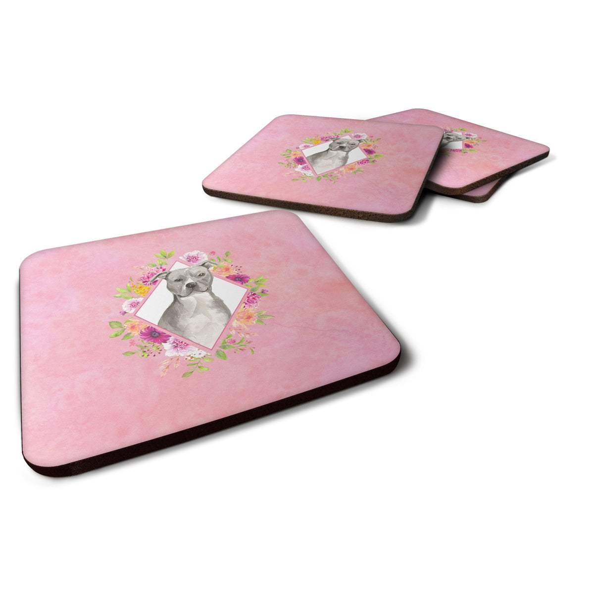 Blue Pit Bull Terrier Pink Flowers Foam Coaster Set Of 4