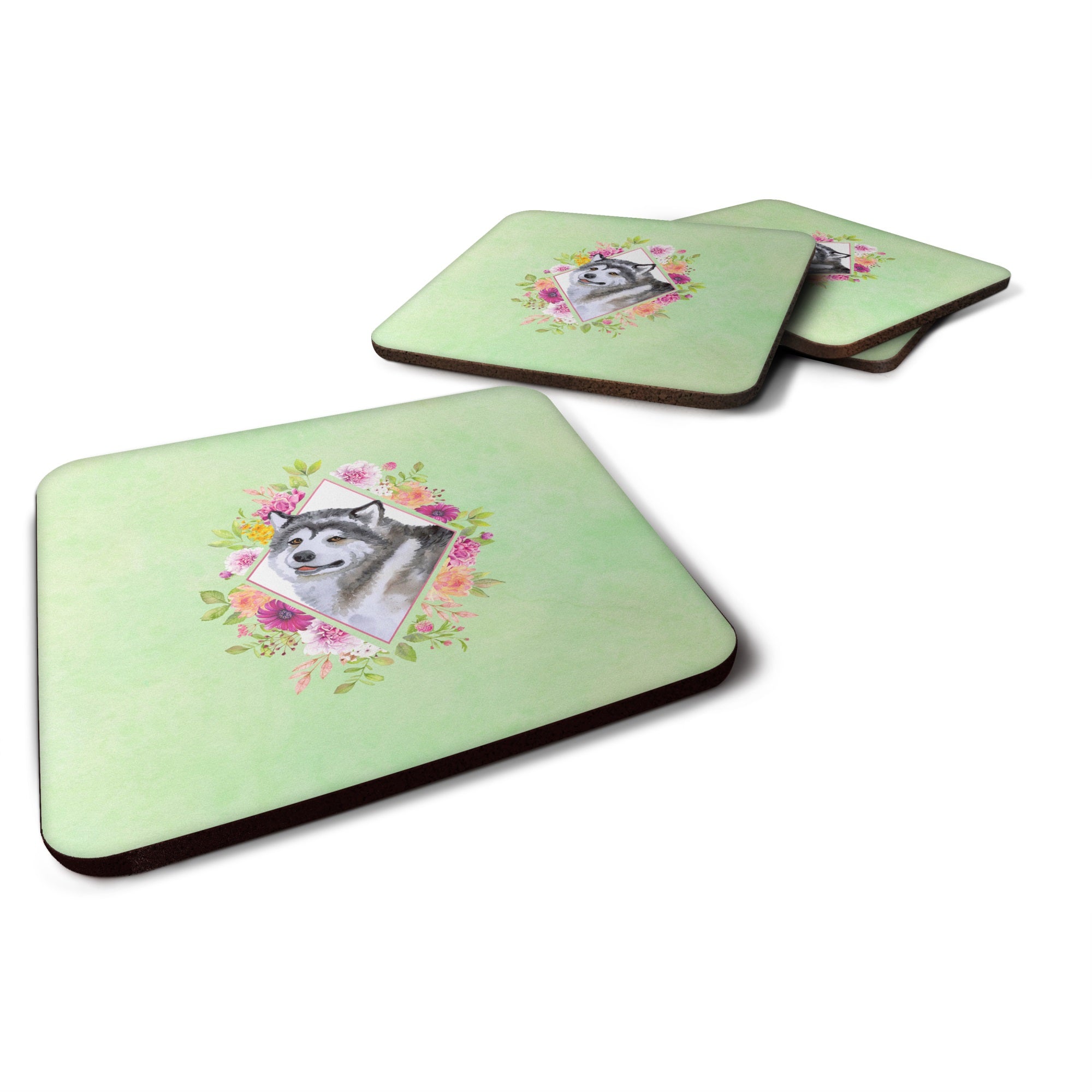 Alaskan Malamute Green Flowers Foam Coaster Set Of 4