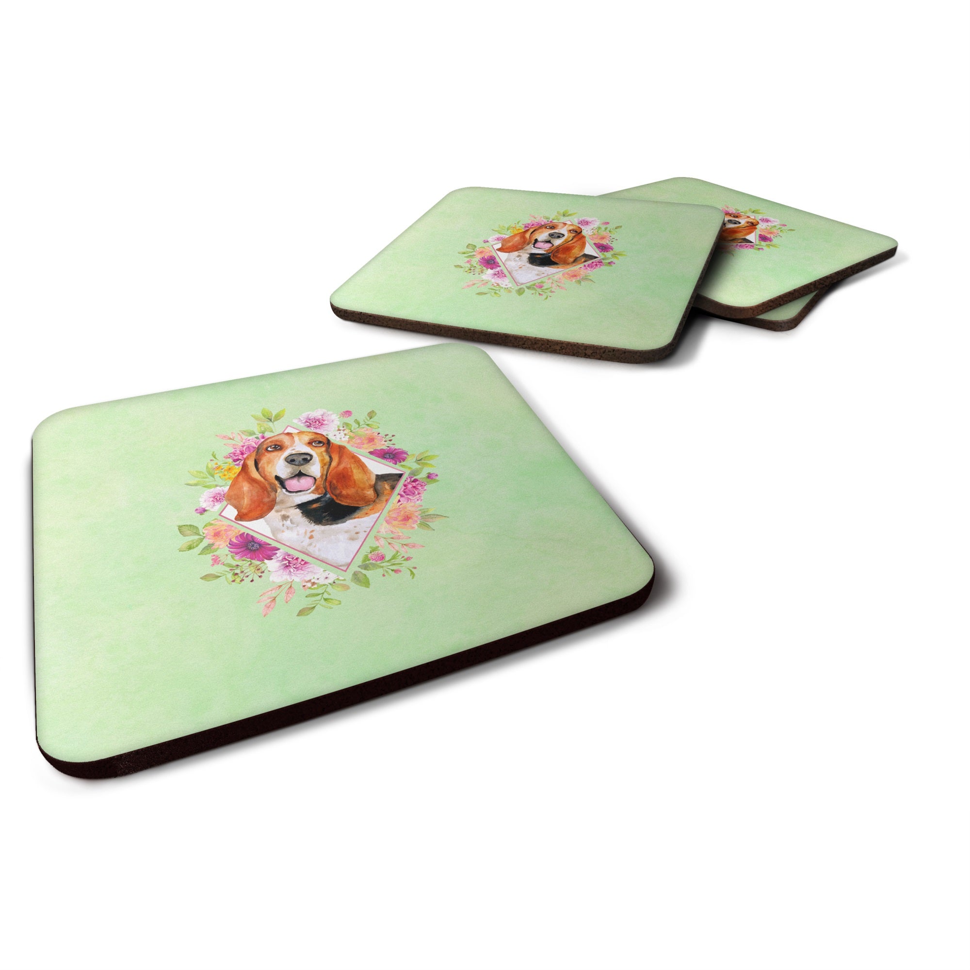 Basset Hound Green Flowers Foam Coaster Set Of 4