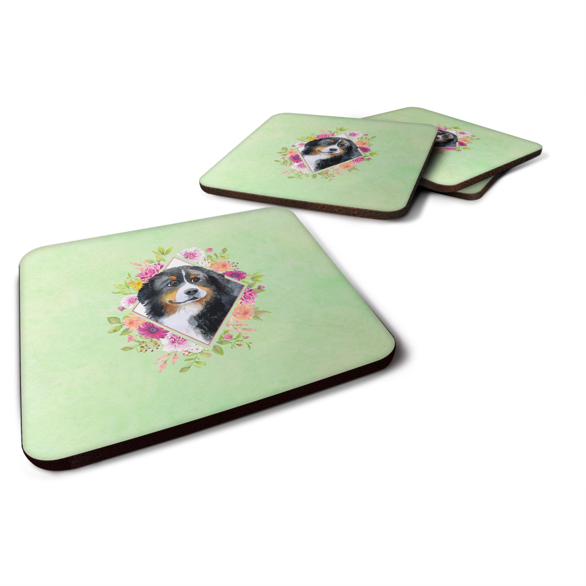 Bernese Mountain Dog Green Flowers Foam Coaster Set Of 4