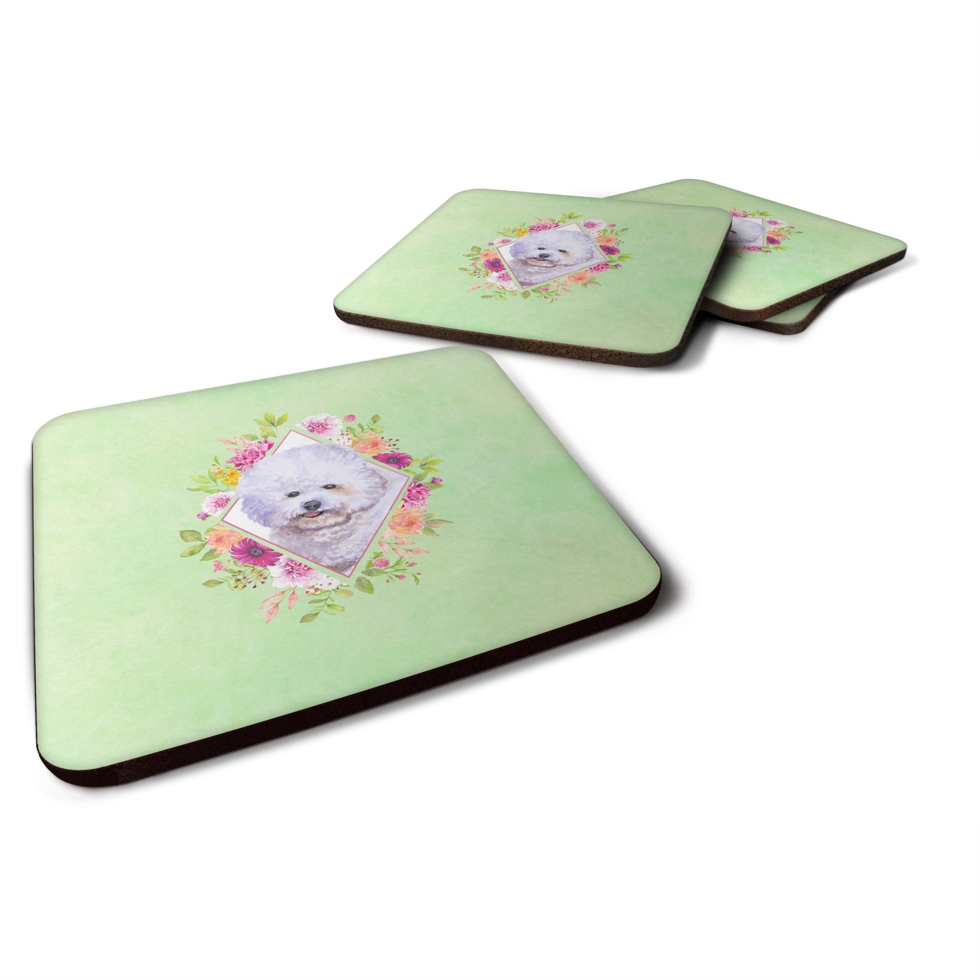 Bichon Fris #2 Green Flowers Foam Coaster Set Of 4