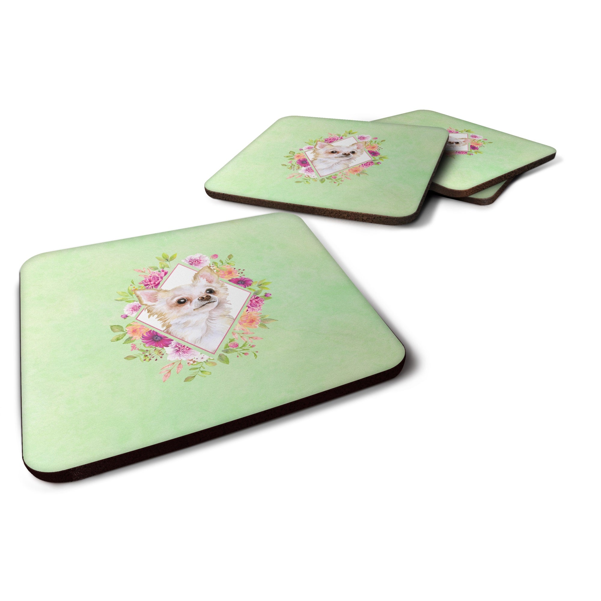 Long Hair Chihuahua Green Flowers Foam Coaster Set Of 4