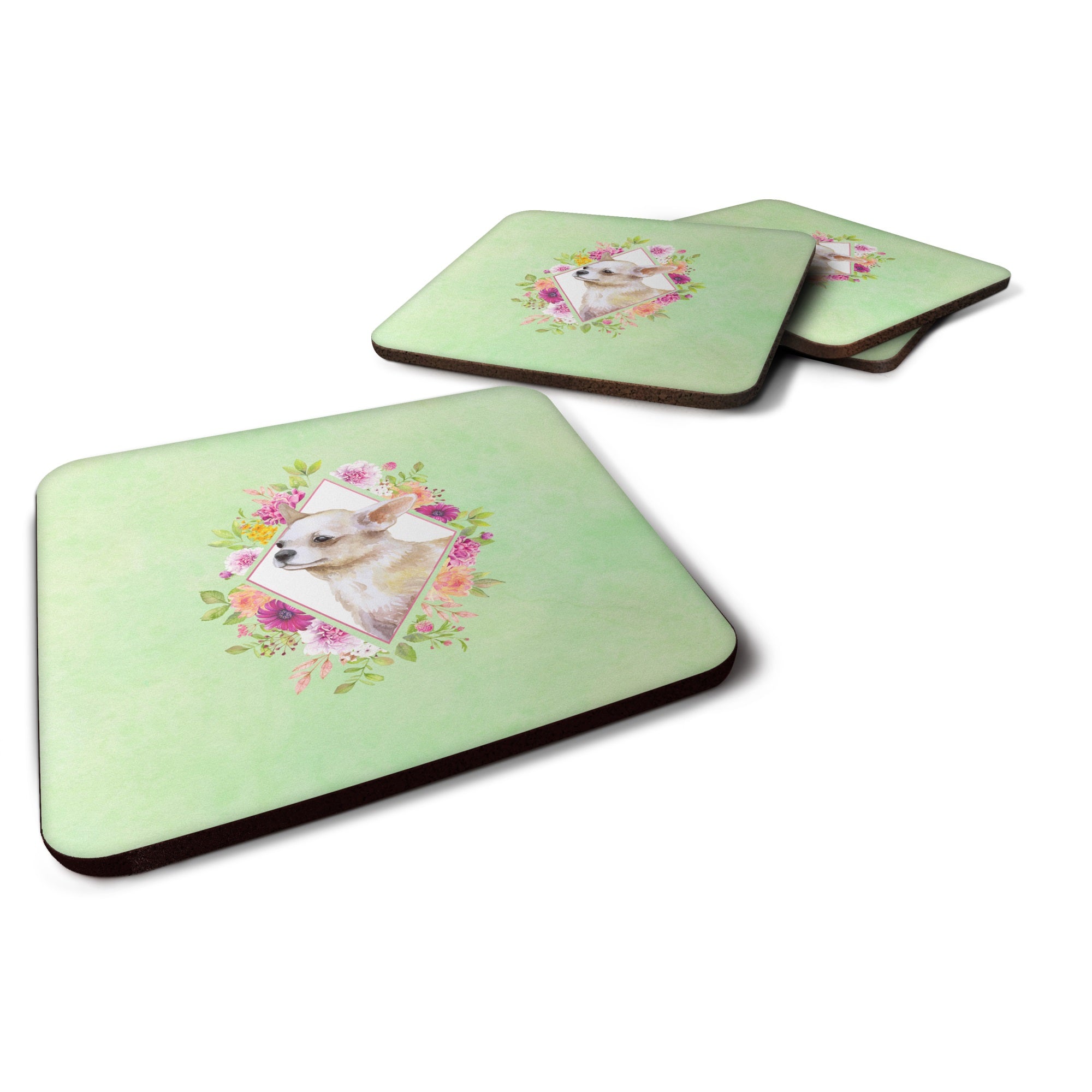 Chihuahua #2 Green Flowers Foam Coaster Set Of 4