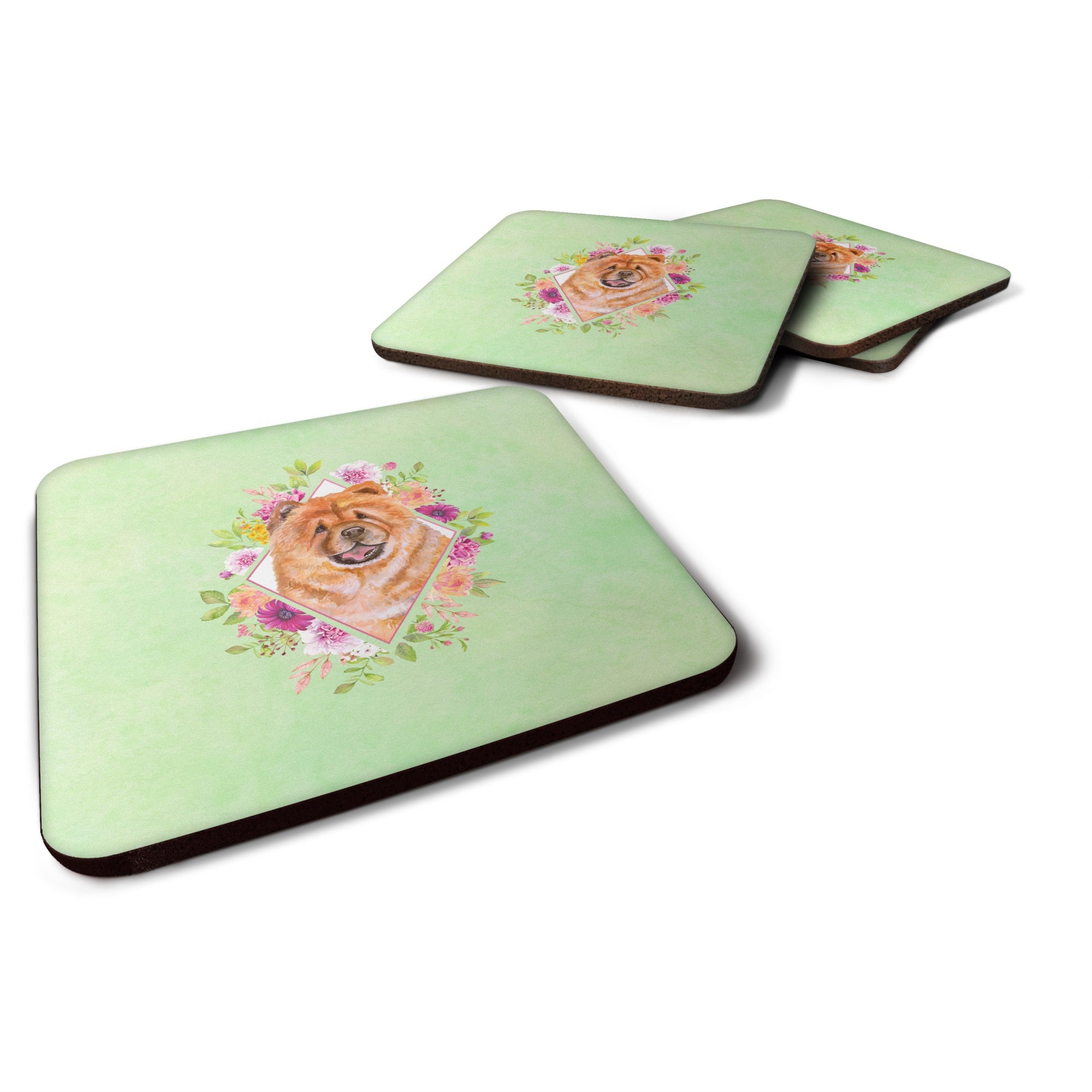 Chow Chow #1 Green Flowers Foam Coaster Set Of 4