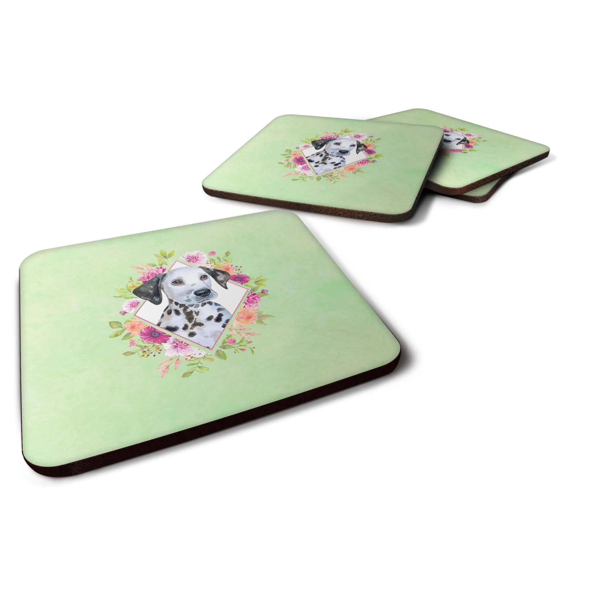 Dalmatian Puppy Green Flowers Foam Coaster Set Of 4