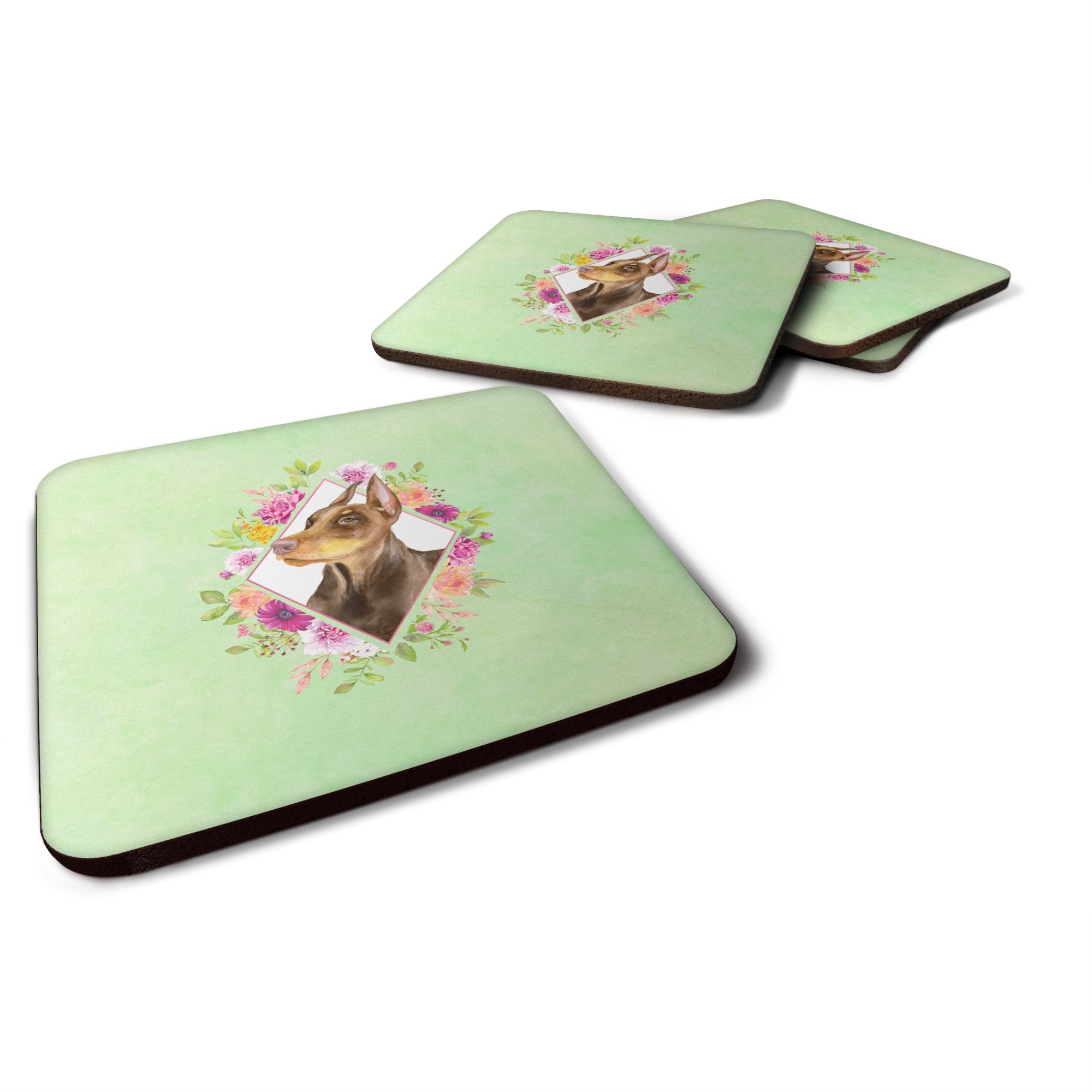 Doberman Pinscher Green Flowers Foam Coaster Set Of 4
