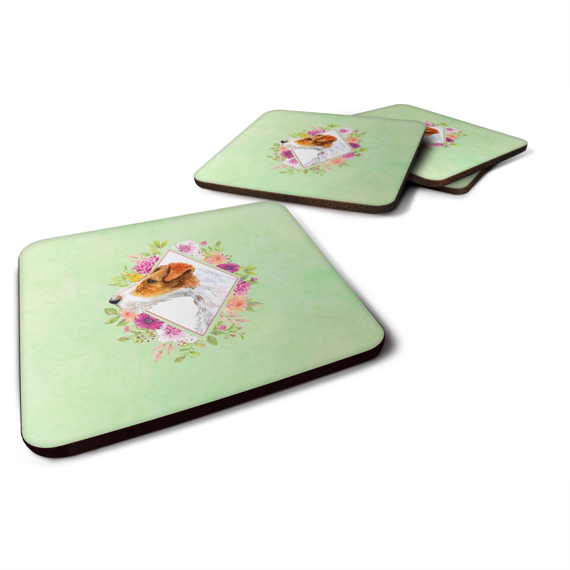 Jack Russell Terrier #2 Green Flowers Foam Coaster Set Of 4