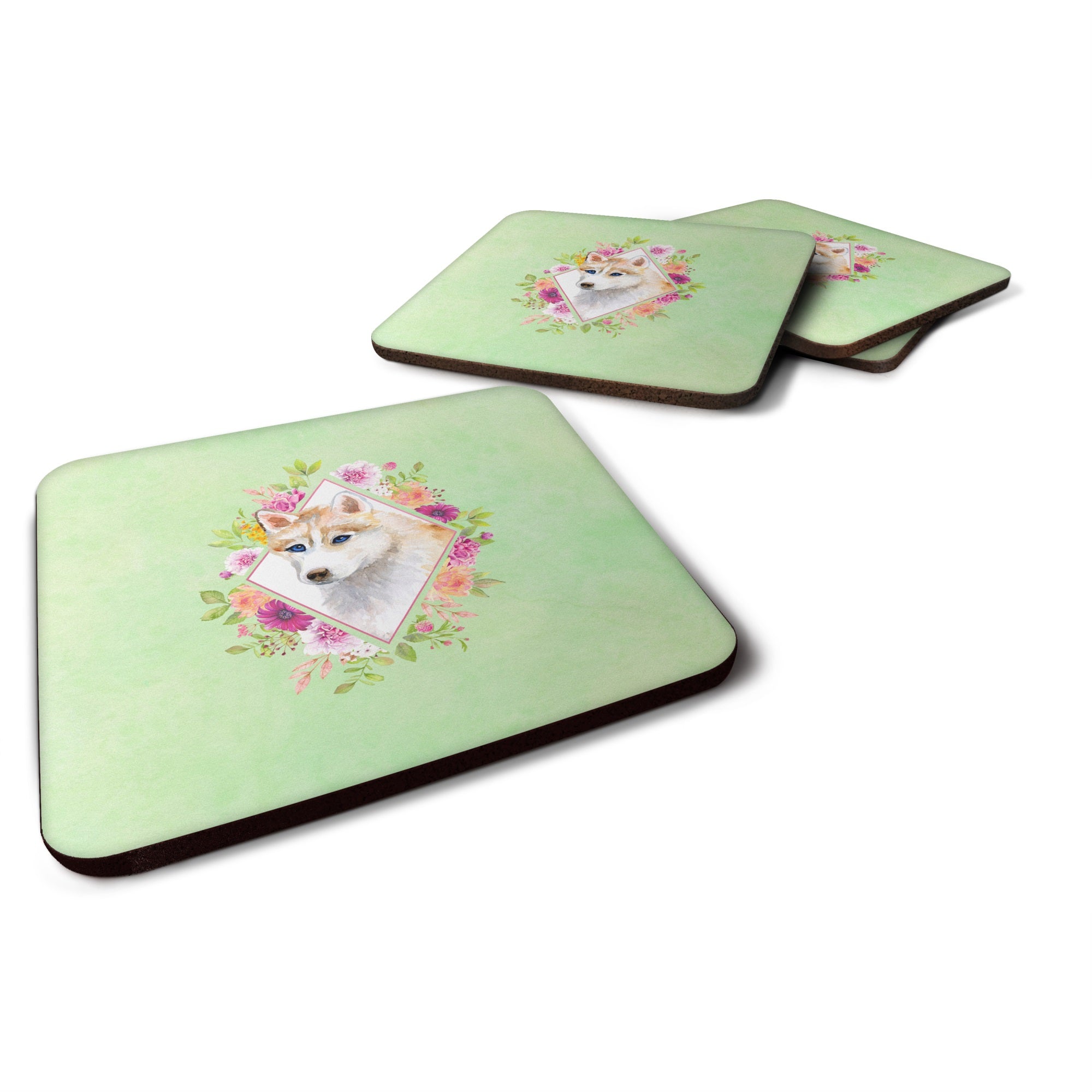 Red Siberian Husky Green Flowers Foam Coaster Set Of 4