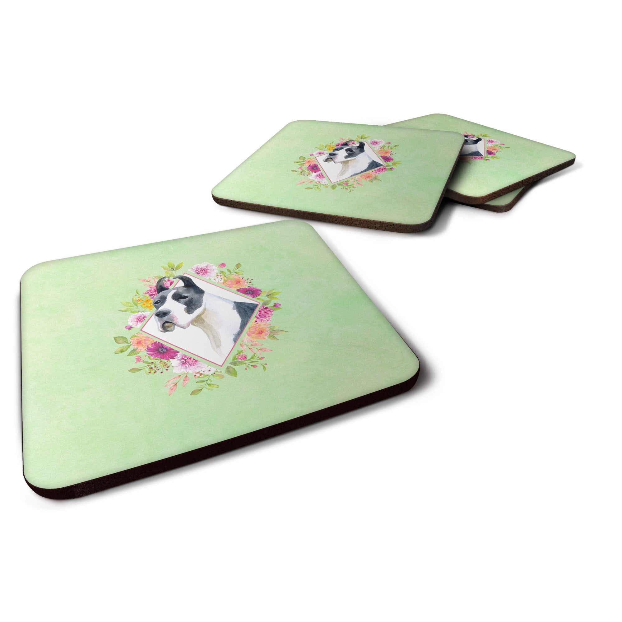 Great Dane Green Flowers Foam Coaster Set Of 4