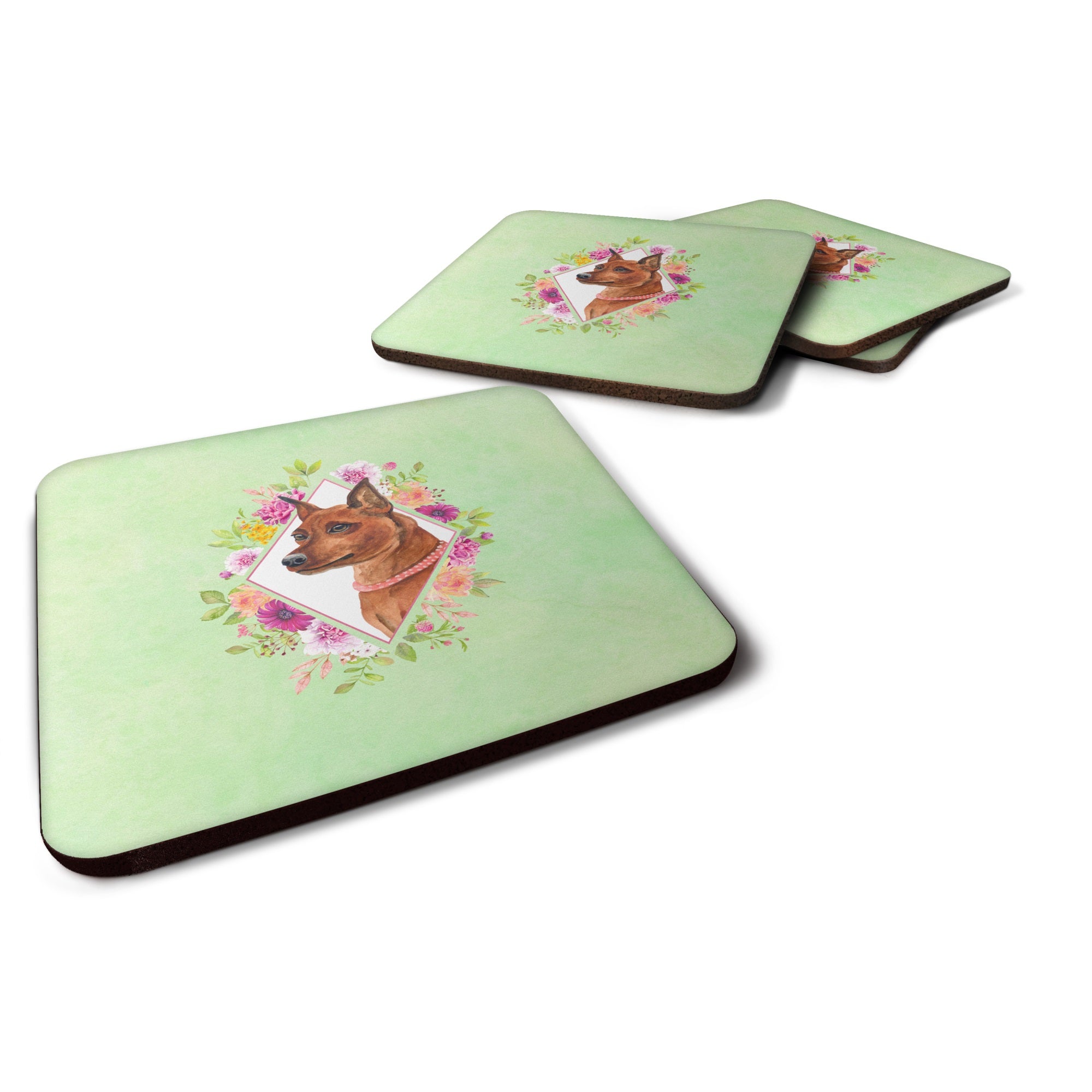 Miniature Pinscher Green Flowers Foam Coaster Set Of 4