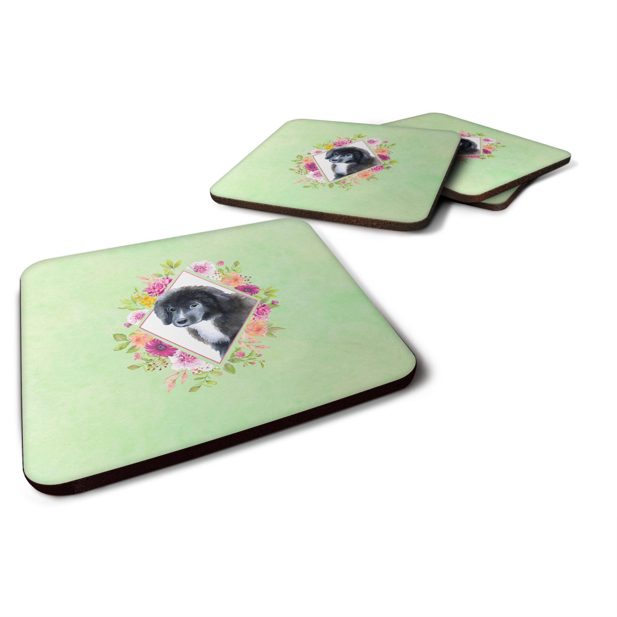 Newfoundland Puppy Green Flowers Foam Coaster Set Of 4