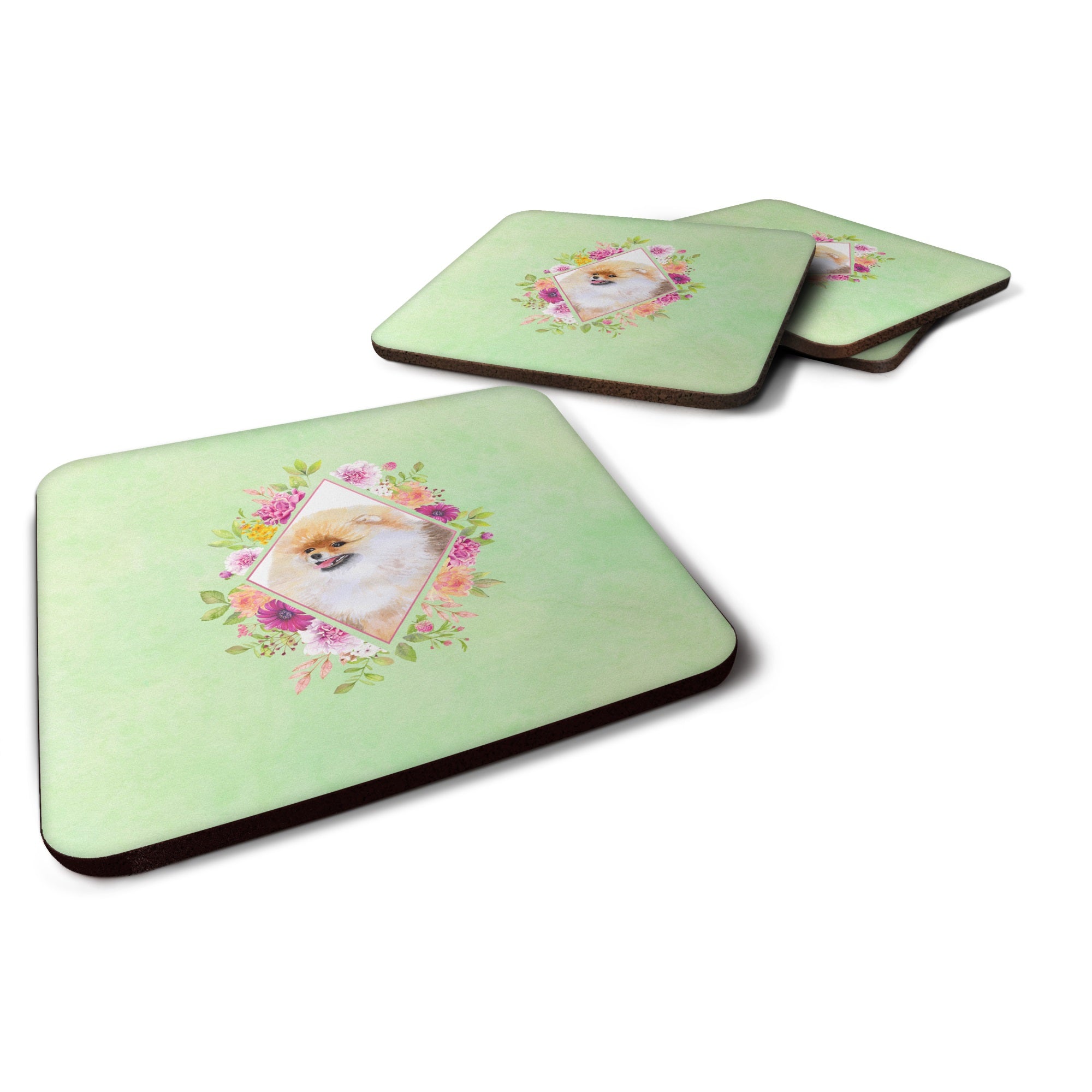 Pomeranian #2 Green Flowers Foam Coaster Set Of 4
