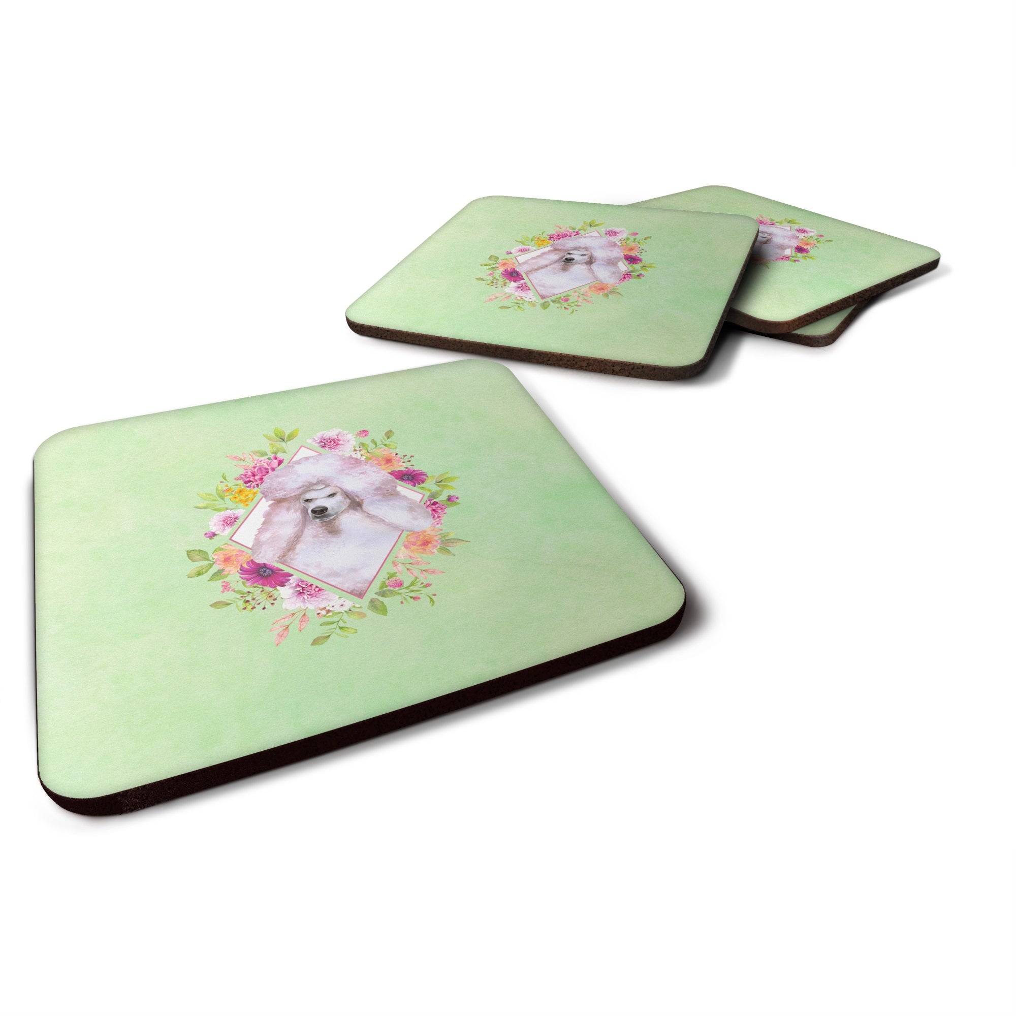 Standard White Poodle Green Flowers Foam Coaster Set Of 4