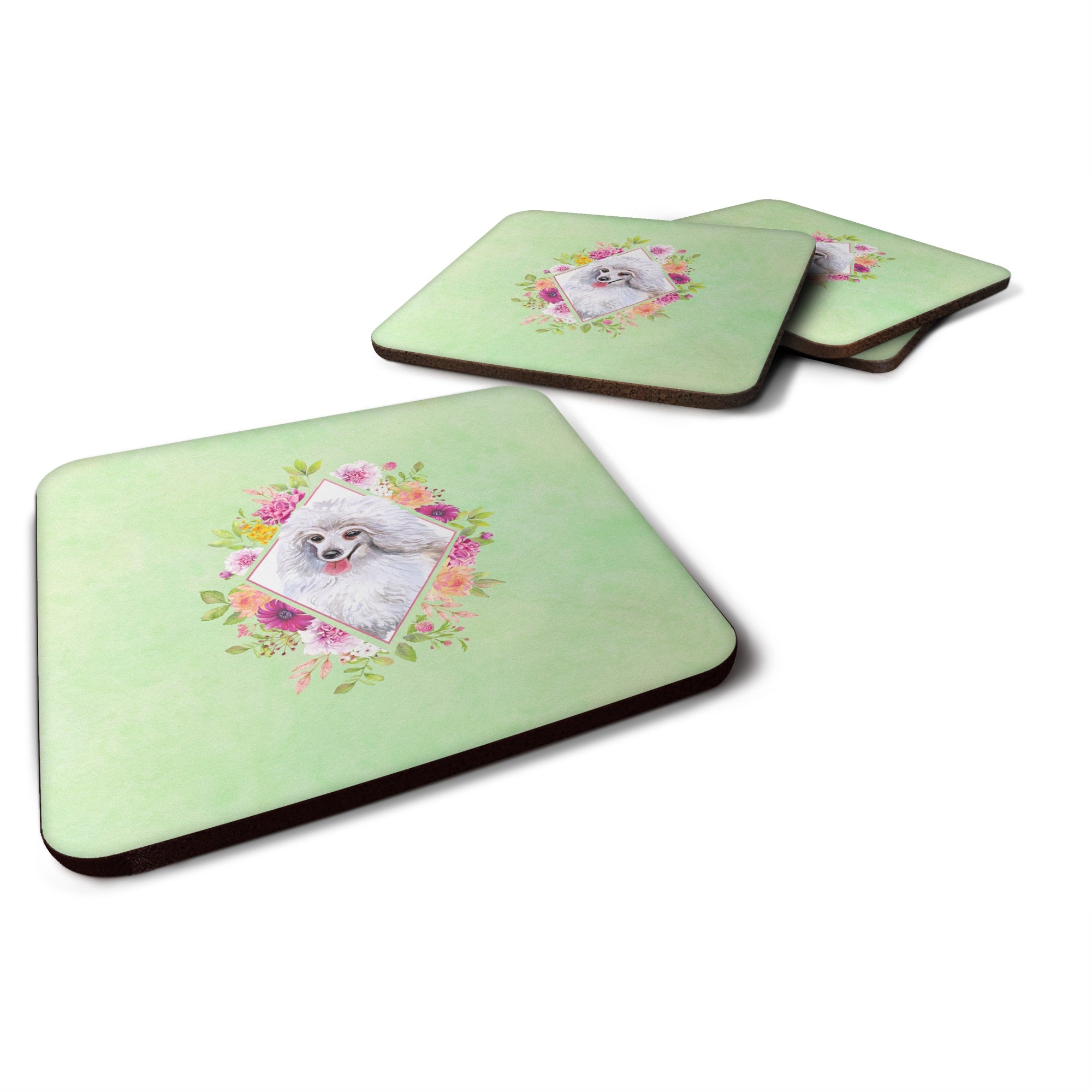White Mini Poodle Green Flowers Foam Coaster Set Of 4