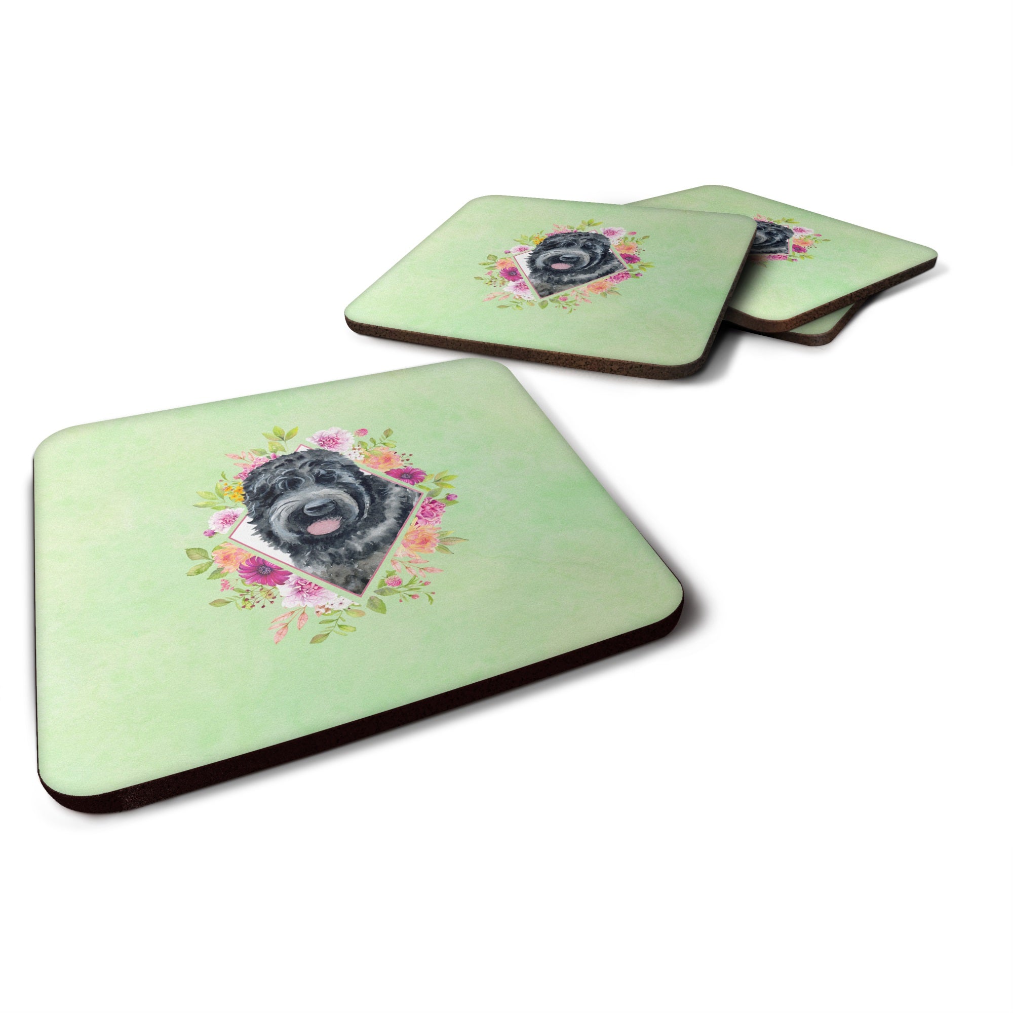Russian Black Terrier Green Flowers Foam Coaster Set Of 4