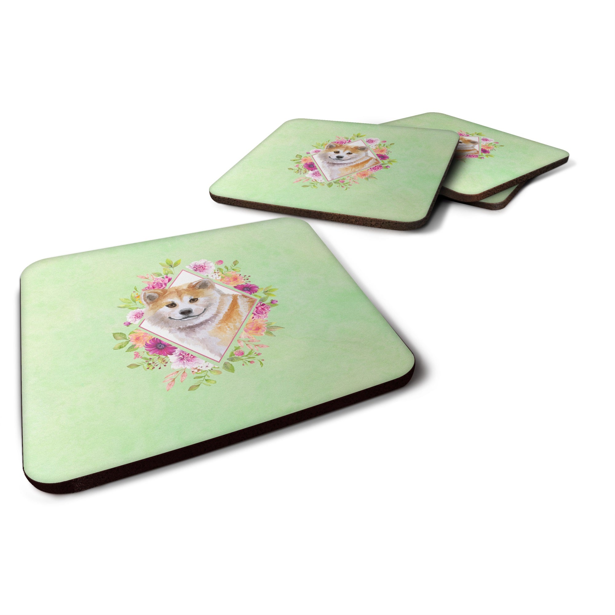 Shiba Inu Green Flowers Foam Coaster Set Of 4