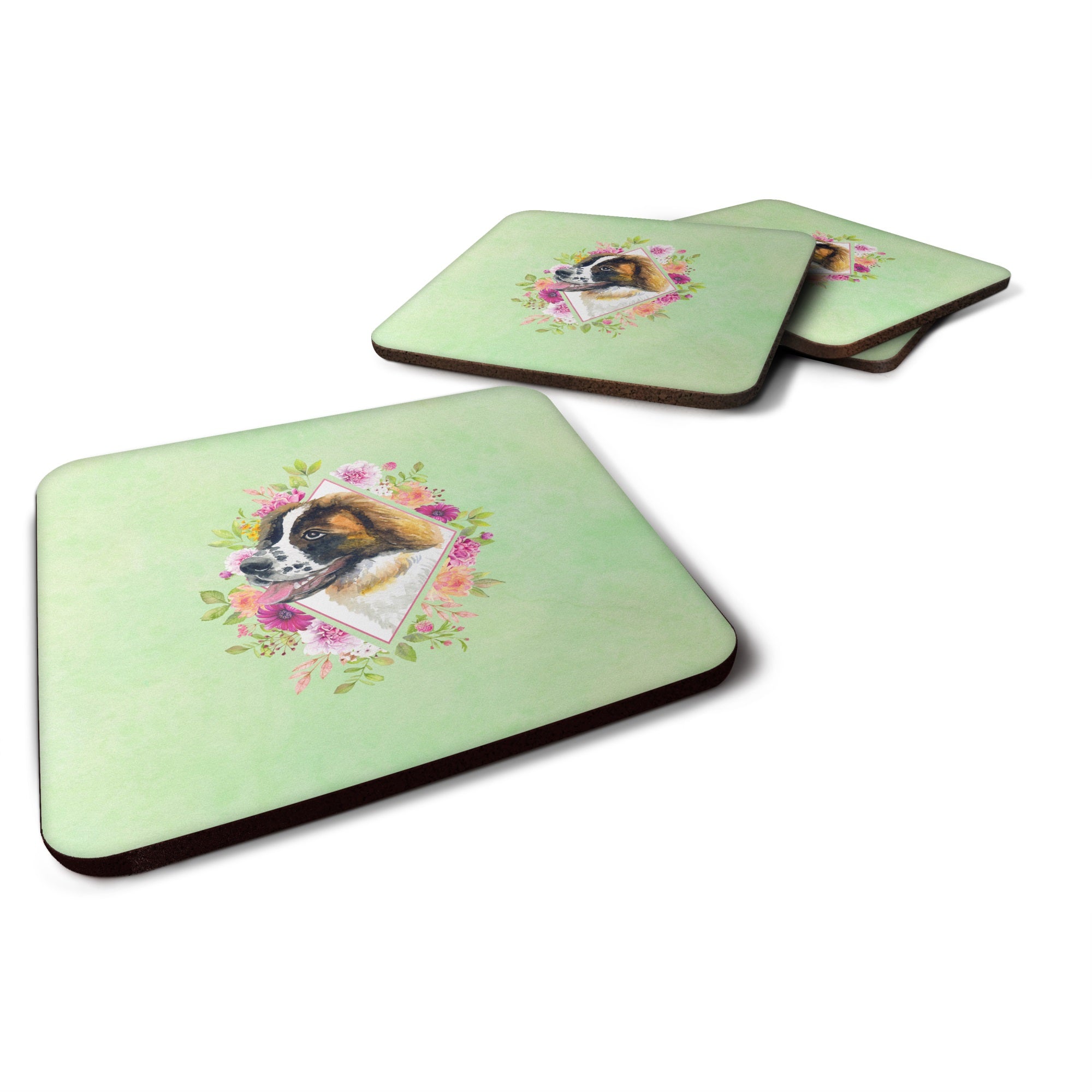 Saint Bernard #2 Green Flowers Foam Coaster Set Of 4