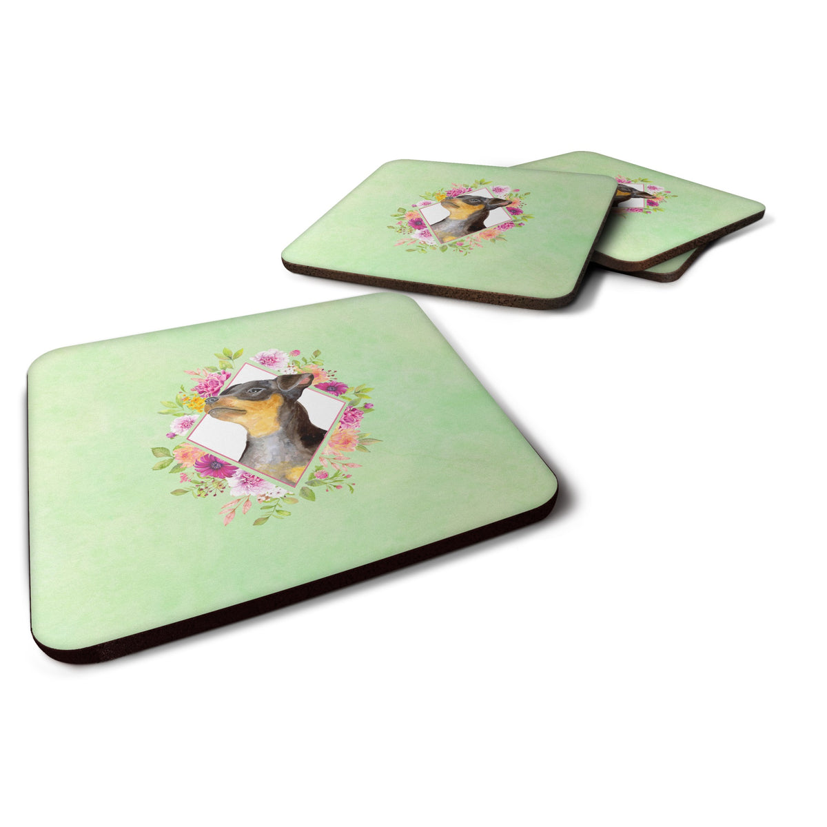 Black Miniature Pinscher Green Flowers Foam Coaster Set Of 4