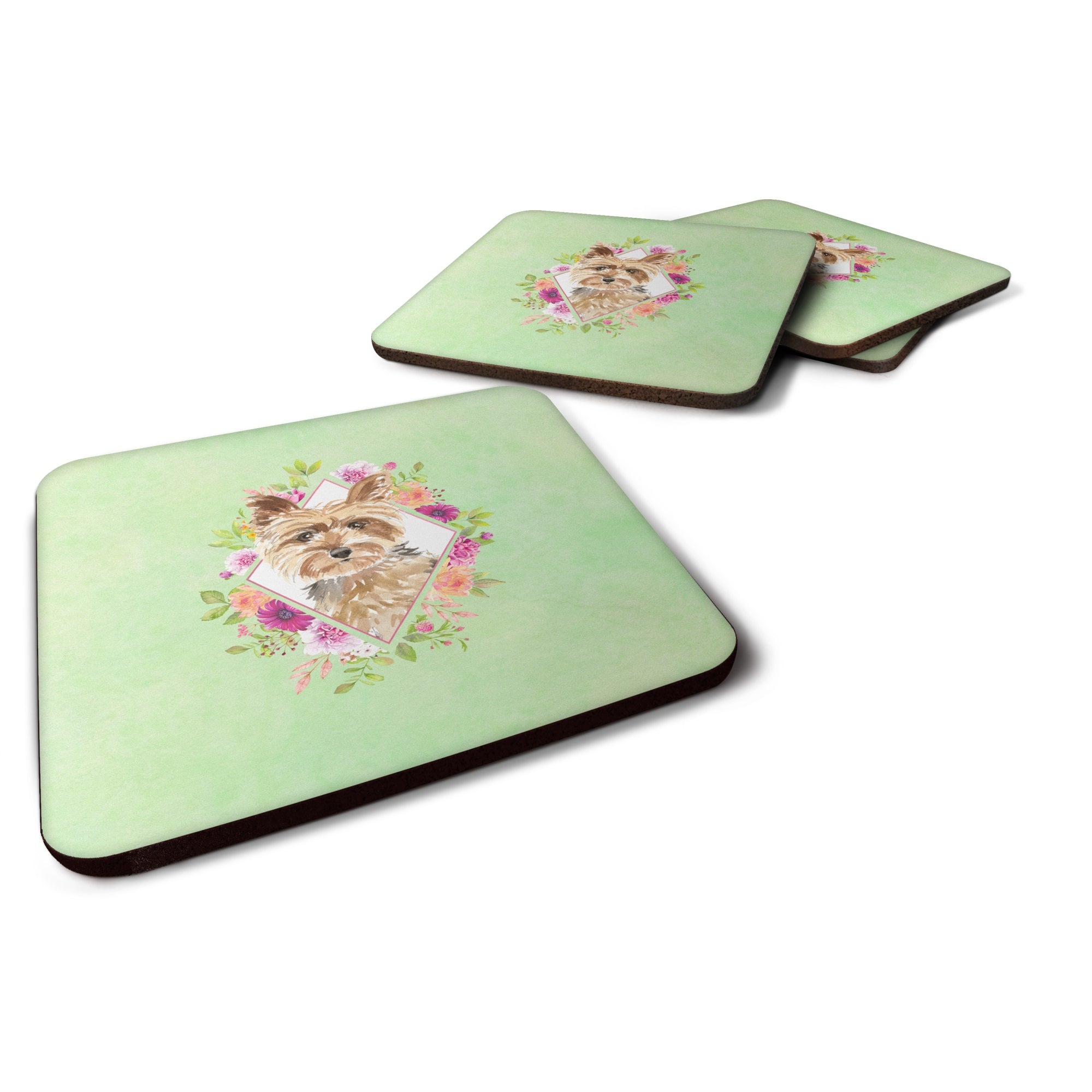 Yorkie Green Flowers Foam Coaster Set Of 4