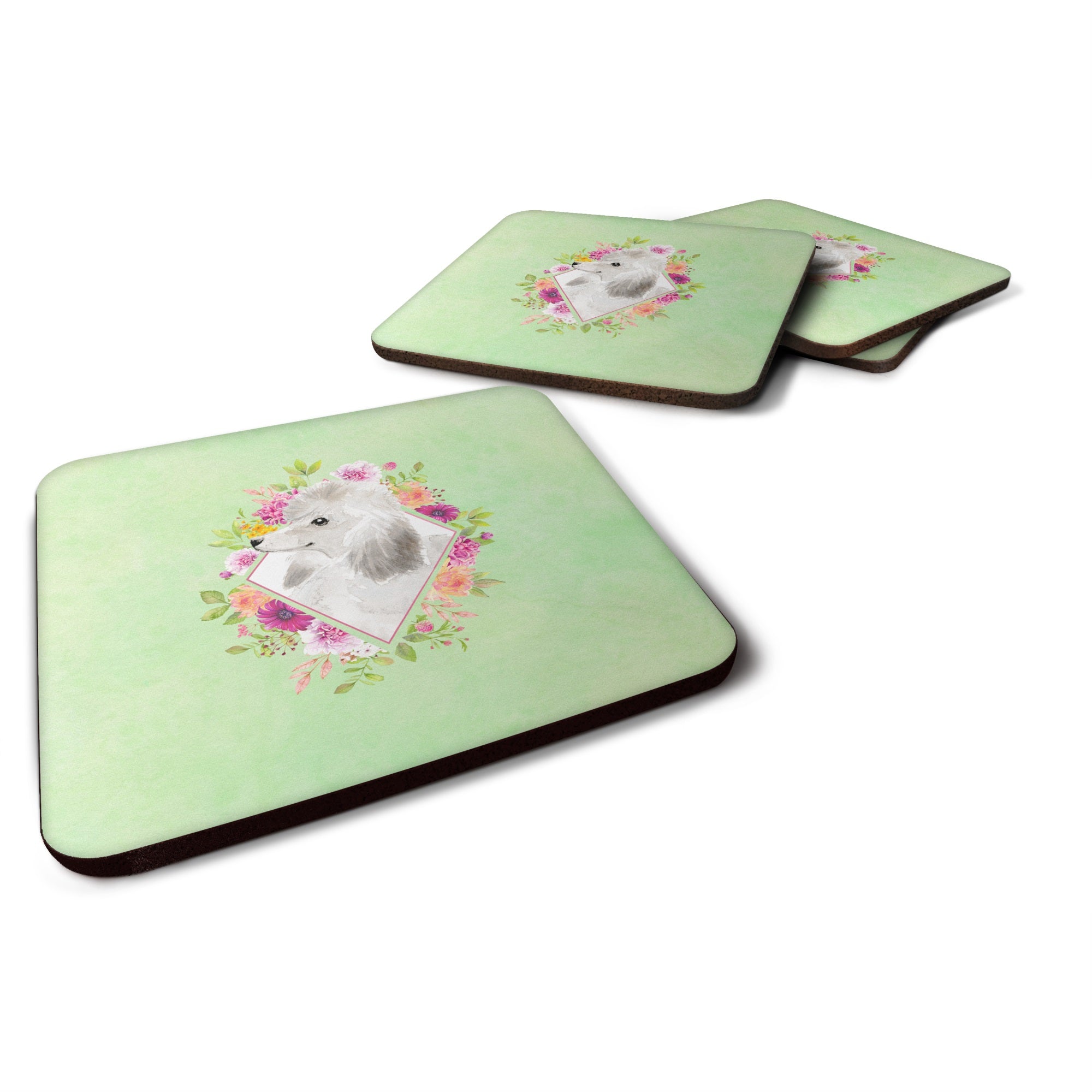 White Standard Poodle Green Flowers Foam Coaster Set Of 4