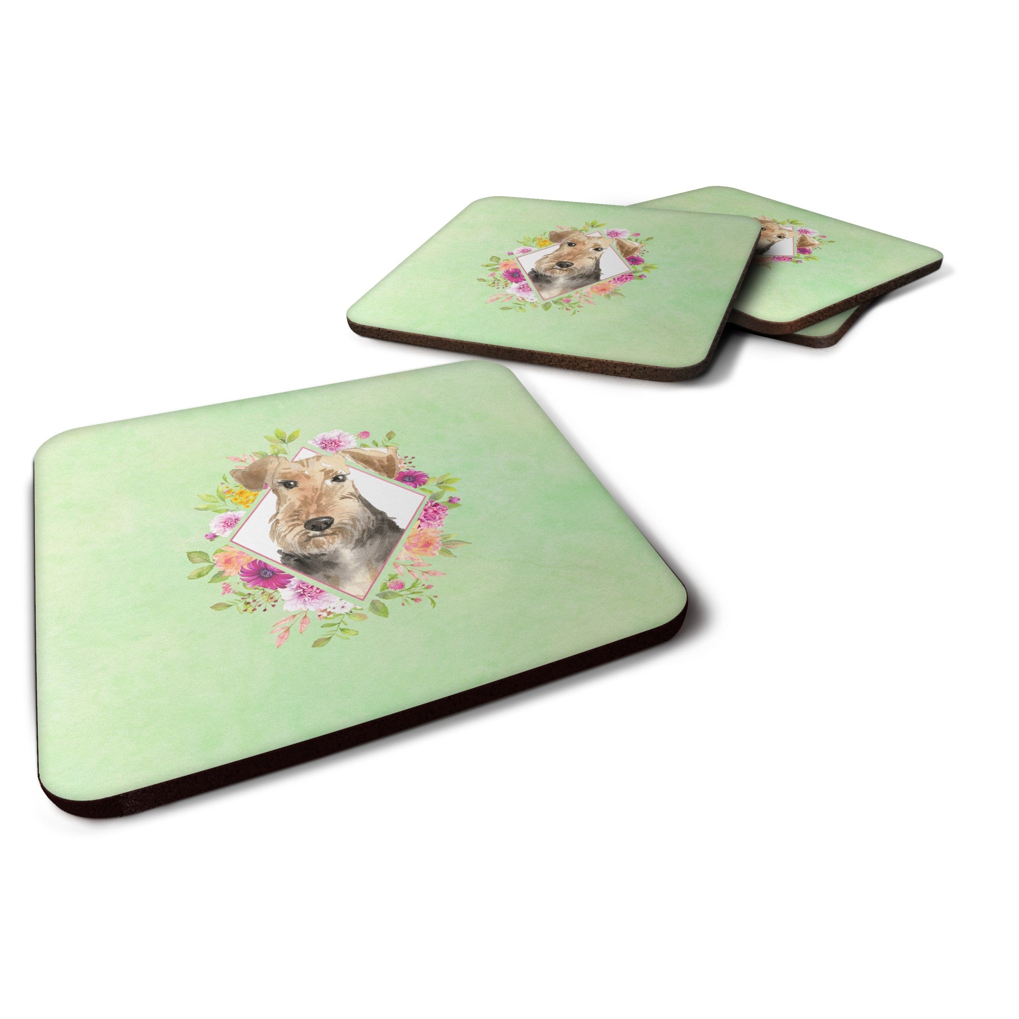 Airedale Terrier Green Flowers Foam Coaster Set Of 4
