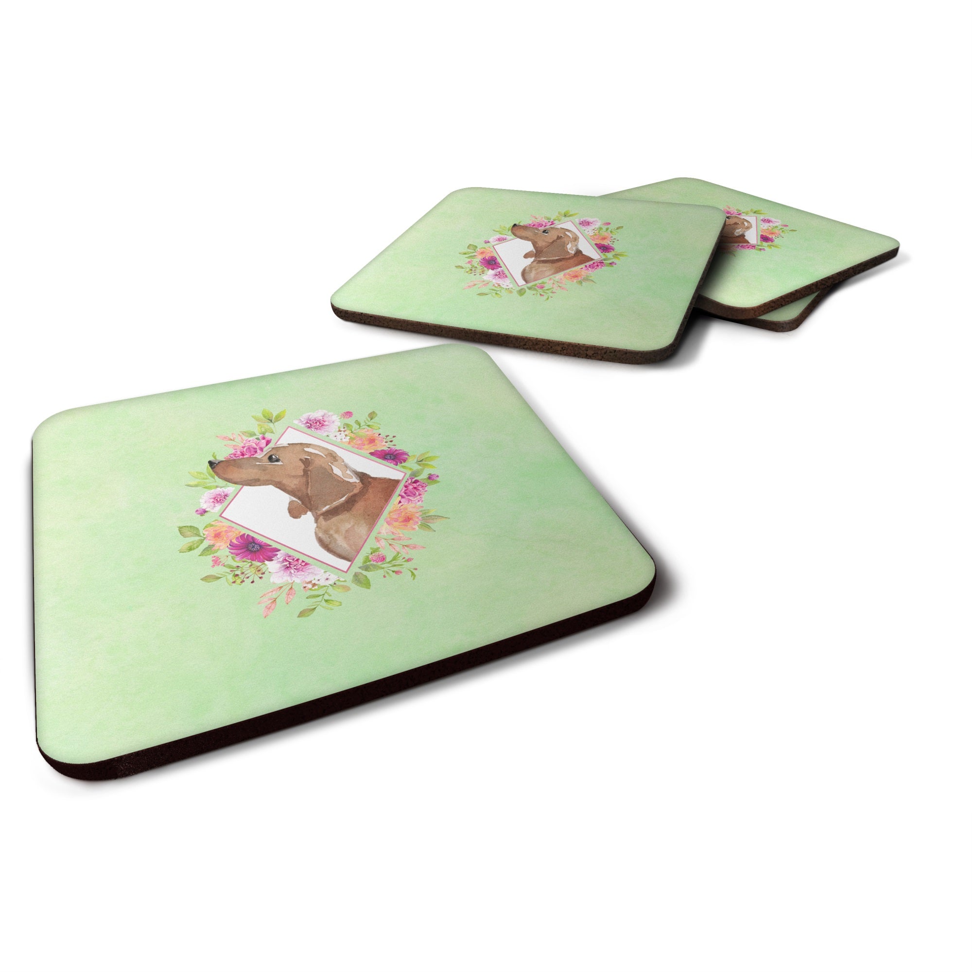 Dachshund Green Flowers Foam Coaster Set Of 4