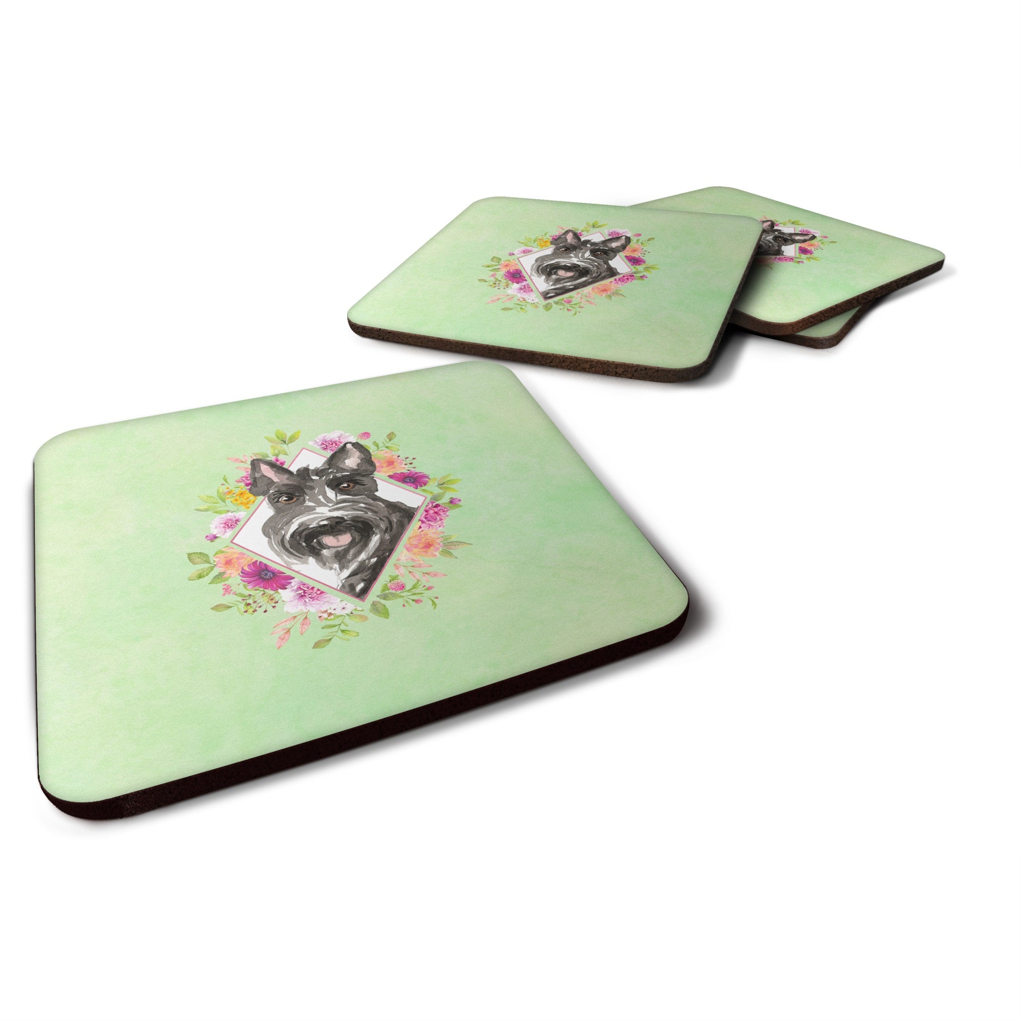 Scottish Terrier Green Flowers Foam Coaster Set Of 4