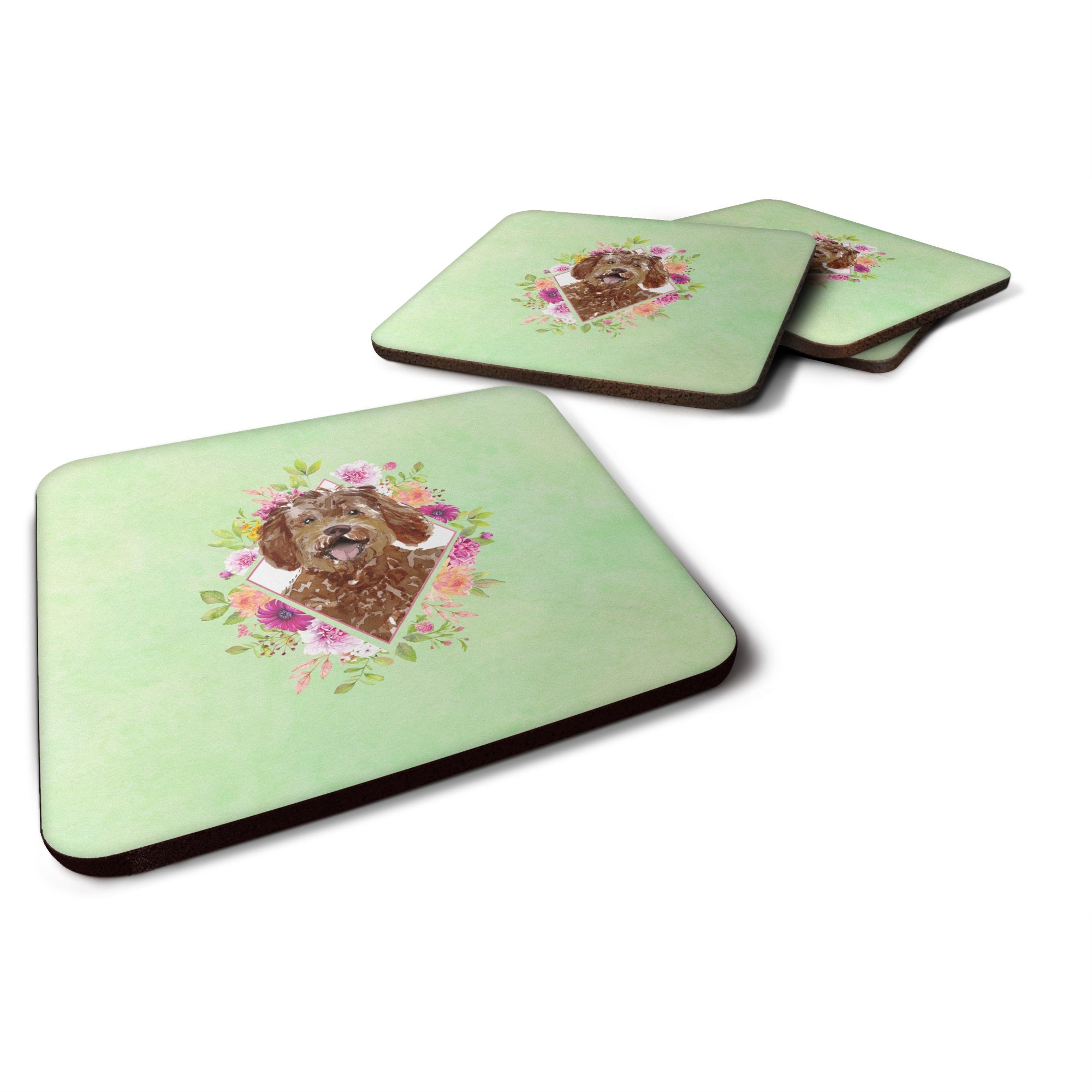 Labradoodle Green Flowers Foam Coaster Set Of 4