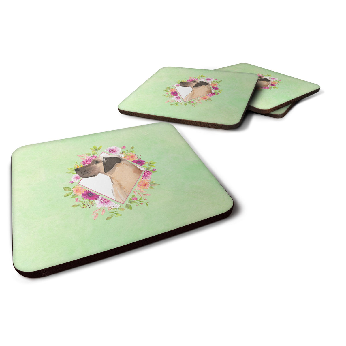 Fawn Great Dane Green Flowers Foam Coaster Set Of 4