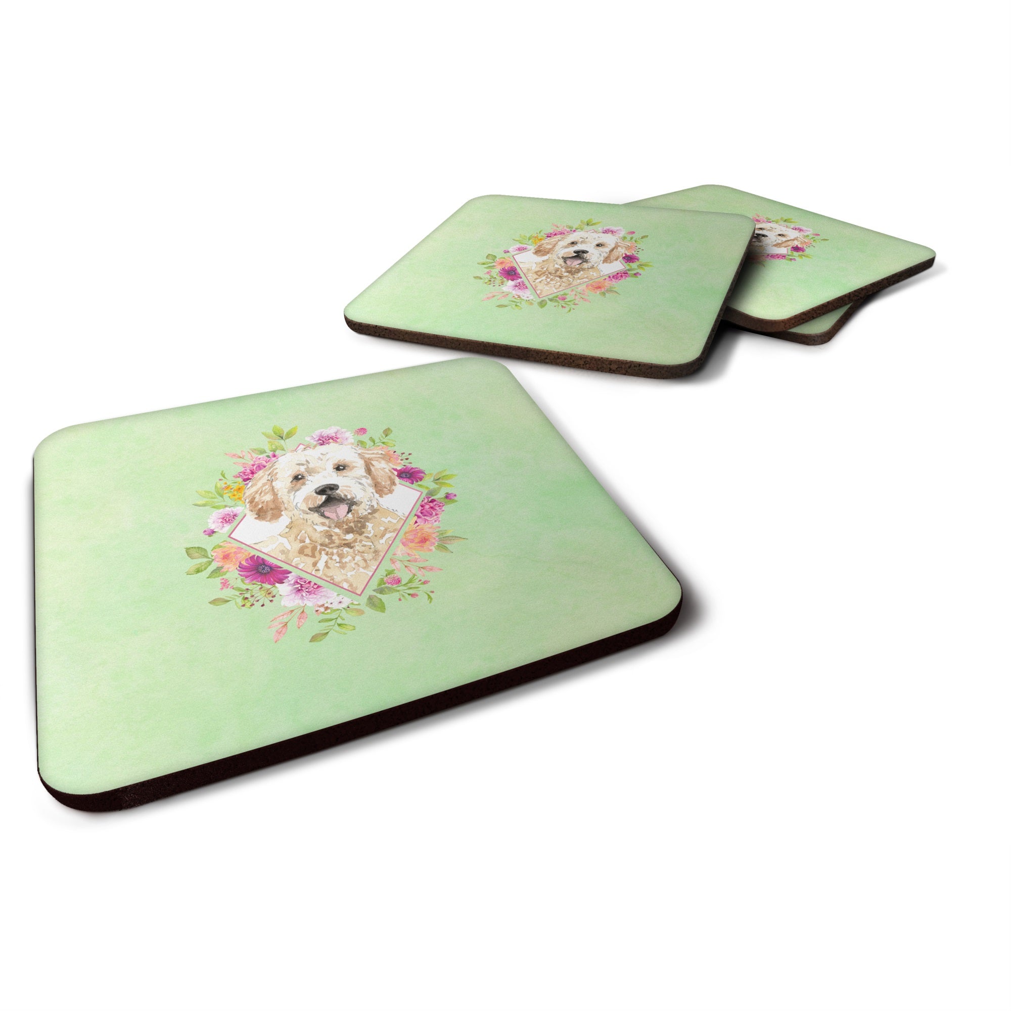 Goldendoodle Green Flowers Foam Coaster Set Of 4