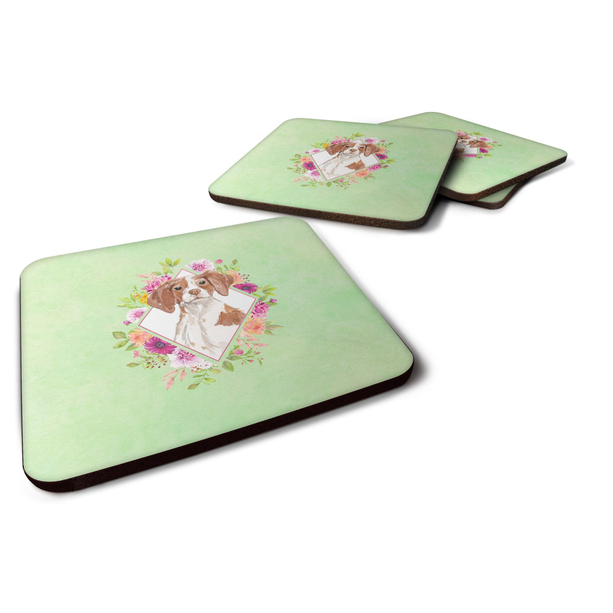 Brittany Spaniel Green Flowers Foam Coaster Set Of 4
