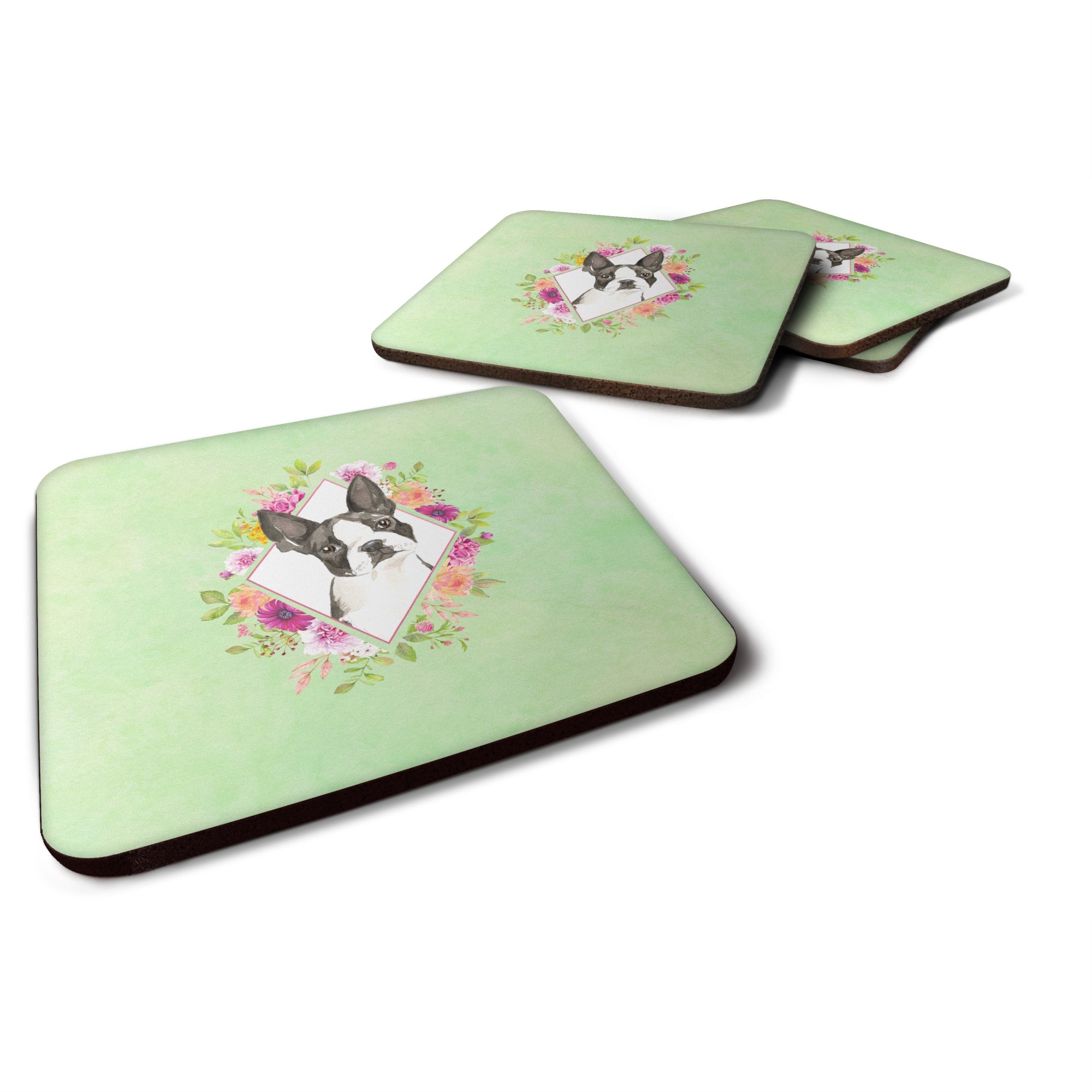 Boston Terrier Green Flowers Foam Coaster Set Of 4