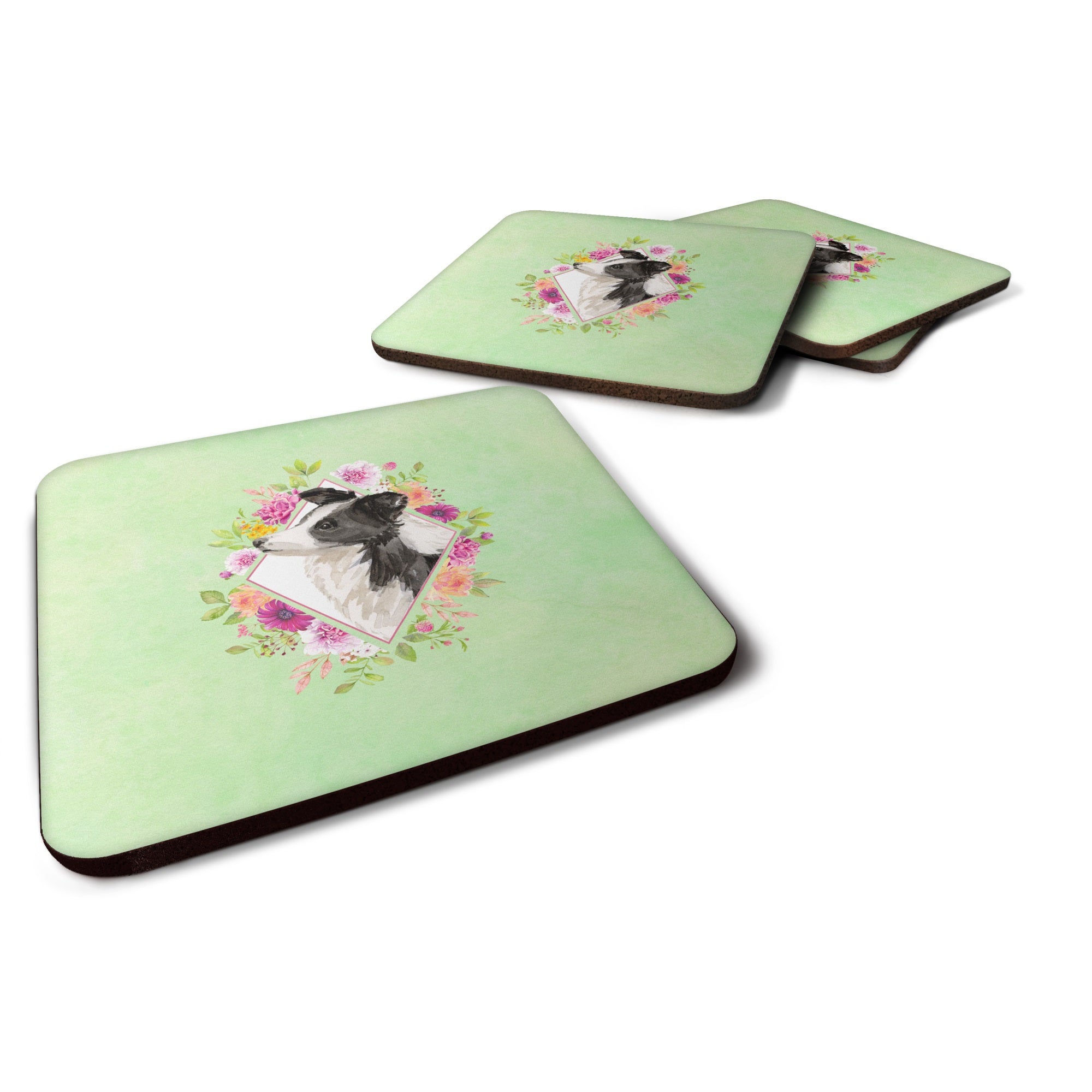 Border Collie Green Flowers Foam Coaster Set Of 4