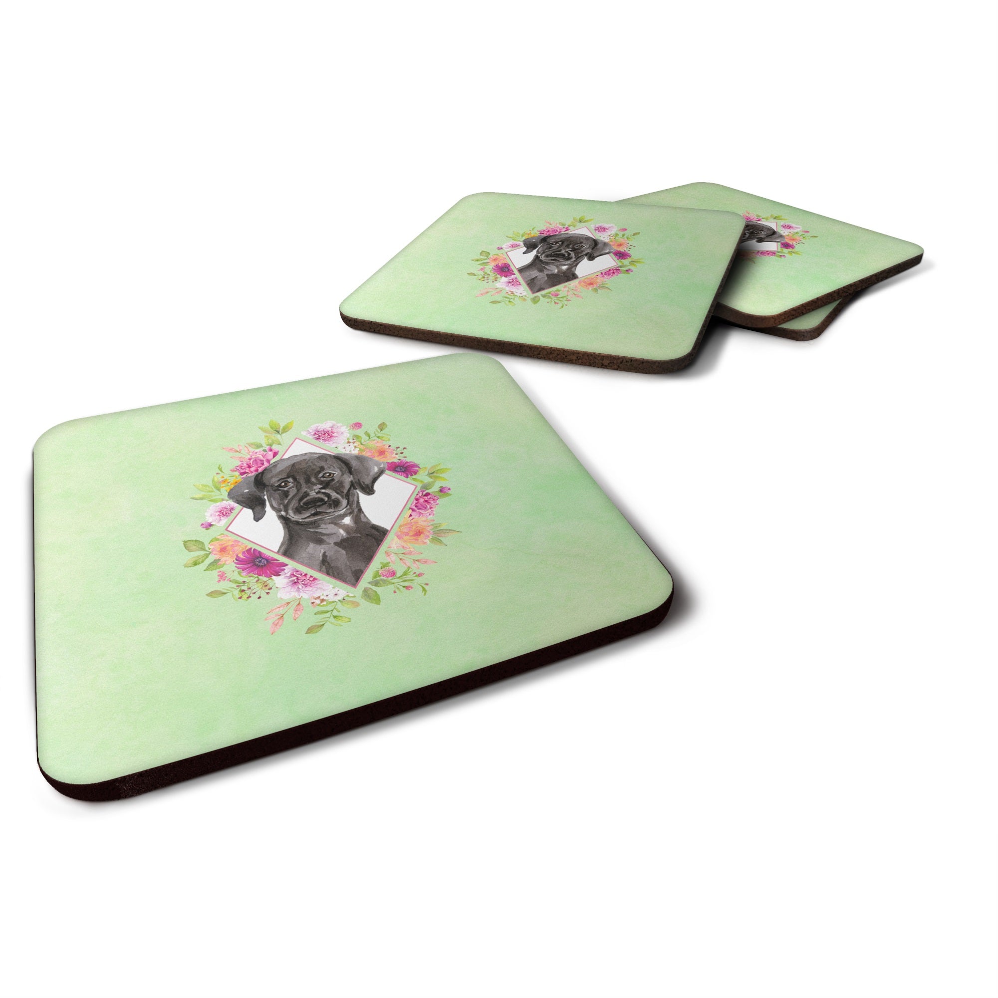 Black Labrador Green Flowers Foam Coaster Set Of 4