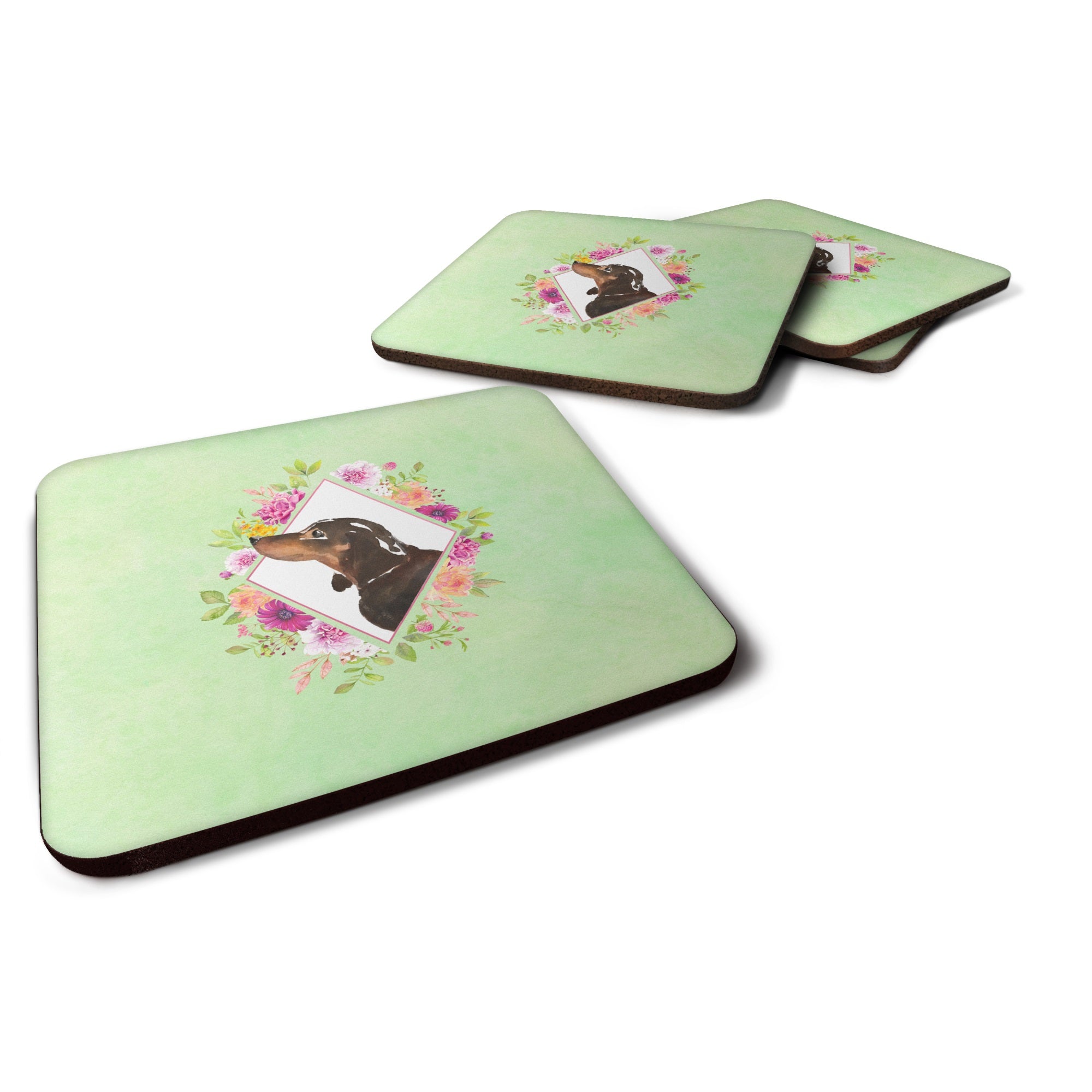 Black And Tan Dachshund Green Flowers Foam Coaster Set Of 4