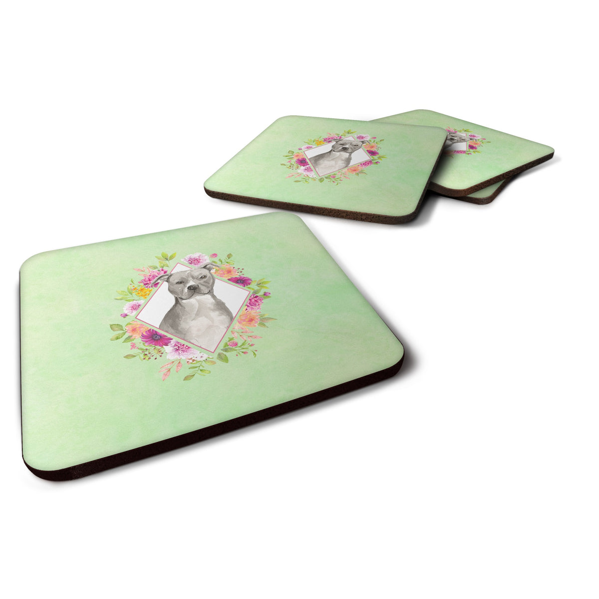 Blue Pit Bull Terrier Green Flowers Foam Coaster Set Of 4