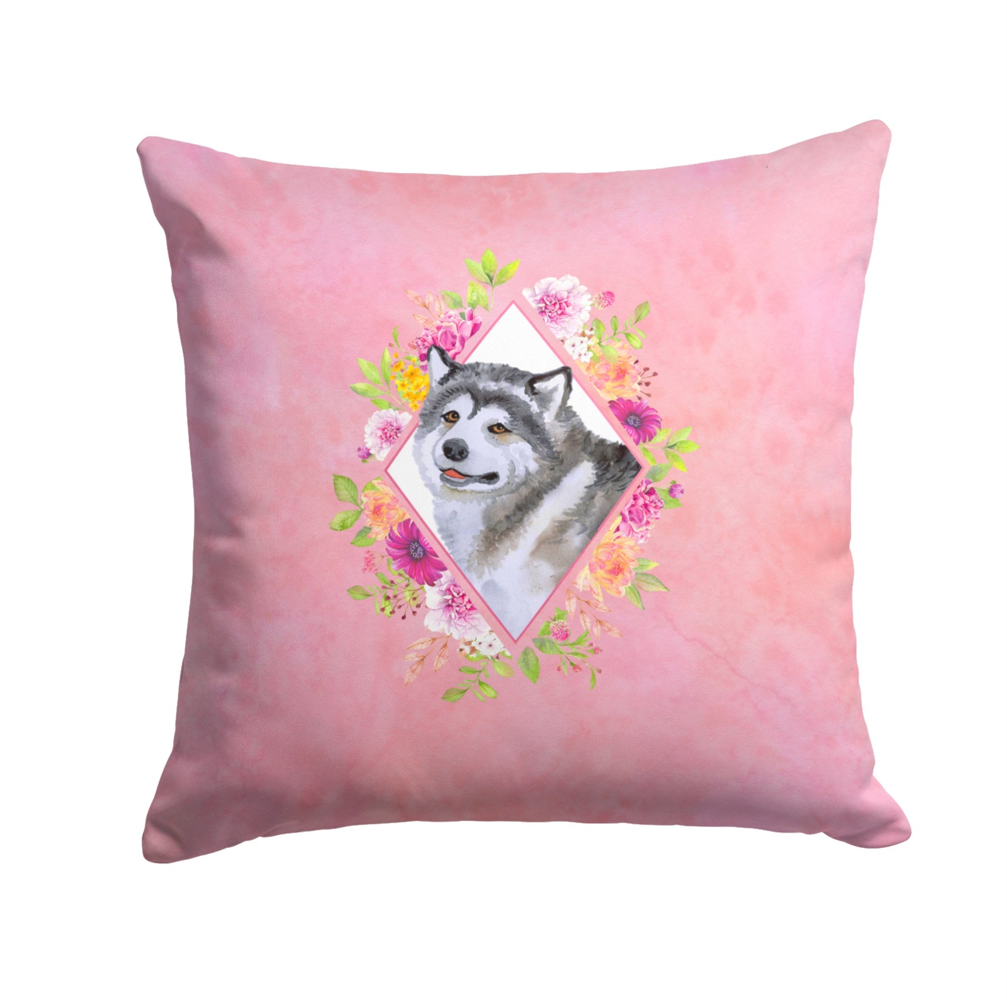 Alaskan Malamute Pink Flowers Fabric Decorative Pillow
